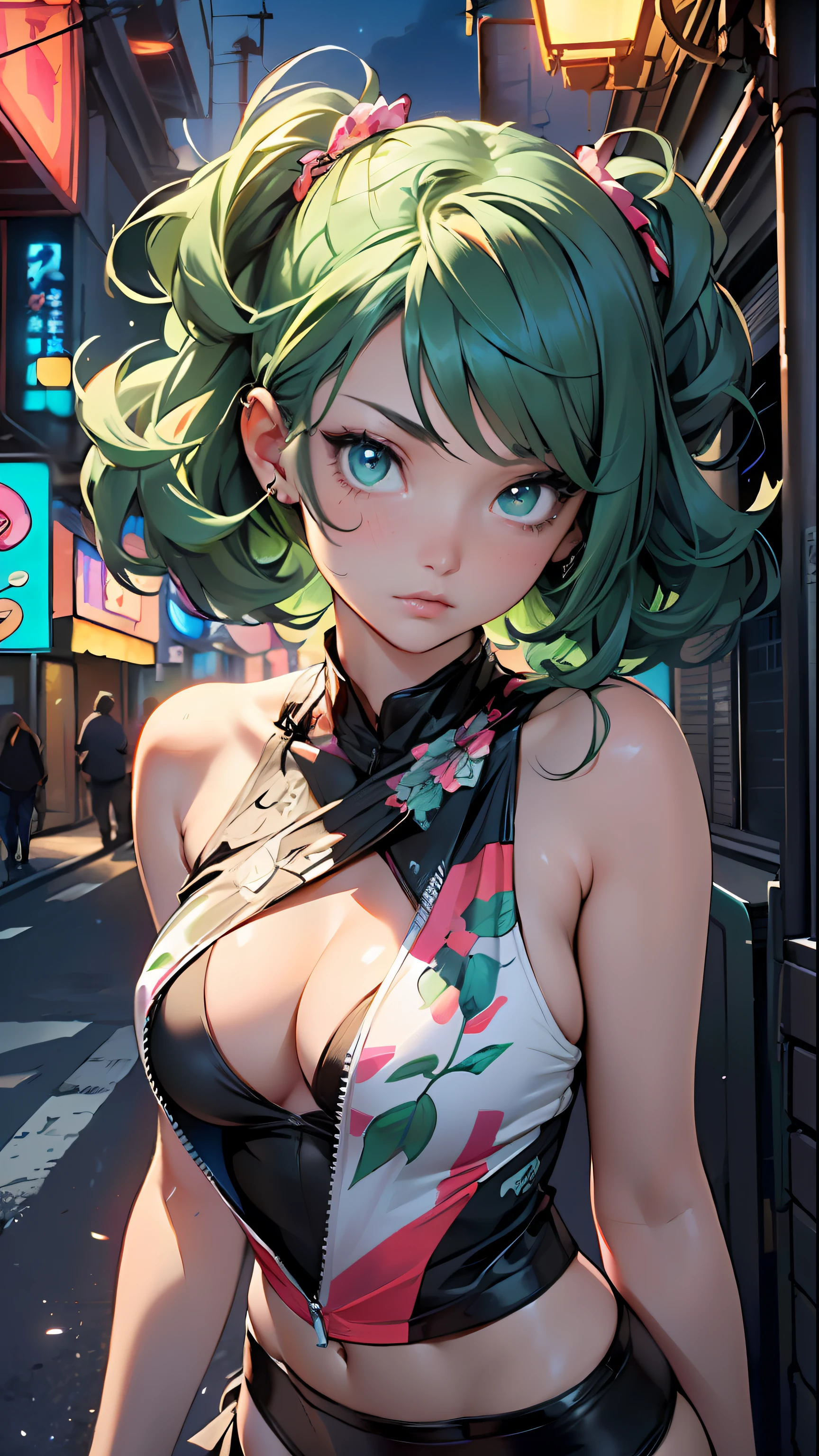 girl youtuber,(1girl:1.3),((extremely cute and beautiful green curly-haired anime girl walking down the street)),

(short breasts:1.4),(((green curly hair:1.35,very curly hair,colored inner hair,ear breathing, short hair))), ((green eyes:1.3,upturned eyes:1.3,perfect eyes,beautiful detailed eyes, rainbow glows ultra-detailed yellow green eyes:1.1,gradient eyes:1, finely detailed beautiful eyes:1,symmetrical eyes:1,big highlight on eyes:1.2)),(fat:1.2), (((lustrous skin:1.5, bright skin: 1.5,skin tanned,shiny skin,very shiny skin,shiny body,plastic glitter skin,exaggerated shiny skin))),delicate detailed fingers,detailed body,detailed arms, human hands,detailed hands,), 

cute,slutty,seductive,erotic,nsfw, 

zettai ryouiki,revealing clothing,show skin,((rave mini-skirt,visible thong straps,white loose tank top with an intricate print)),(detailed outfit, detailed clothes), 

(dynamic pose:1.0),solo focus,embarrassed,centered,scale to fit dimensions,Rule of thirds,

outdoors, ((night view)), (cyberpunk night street Background: 1.5,dark sky,alleyway,lonely alley,thick clouds, detailed background:1.25),

(best quality), (high resolution), (sharp focus), (ultra detailed), (extremely detailed), (extremely high quality artwork), 8k_wallpaper, (extremely detailed CG 8k),(very fine 8K CG), ((hyper super ultra detailed perfect piece)), flawless, (((masterpiece))), illustration, vibrant colors,  (intricate), High contrast, Selective lighting, Double exposure, HDR (High Dynamic Range), Post-processing, Background blur,