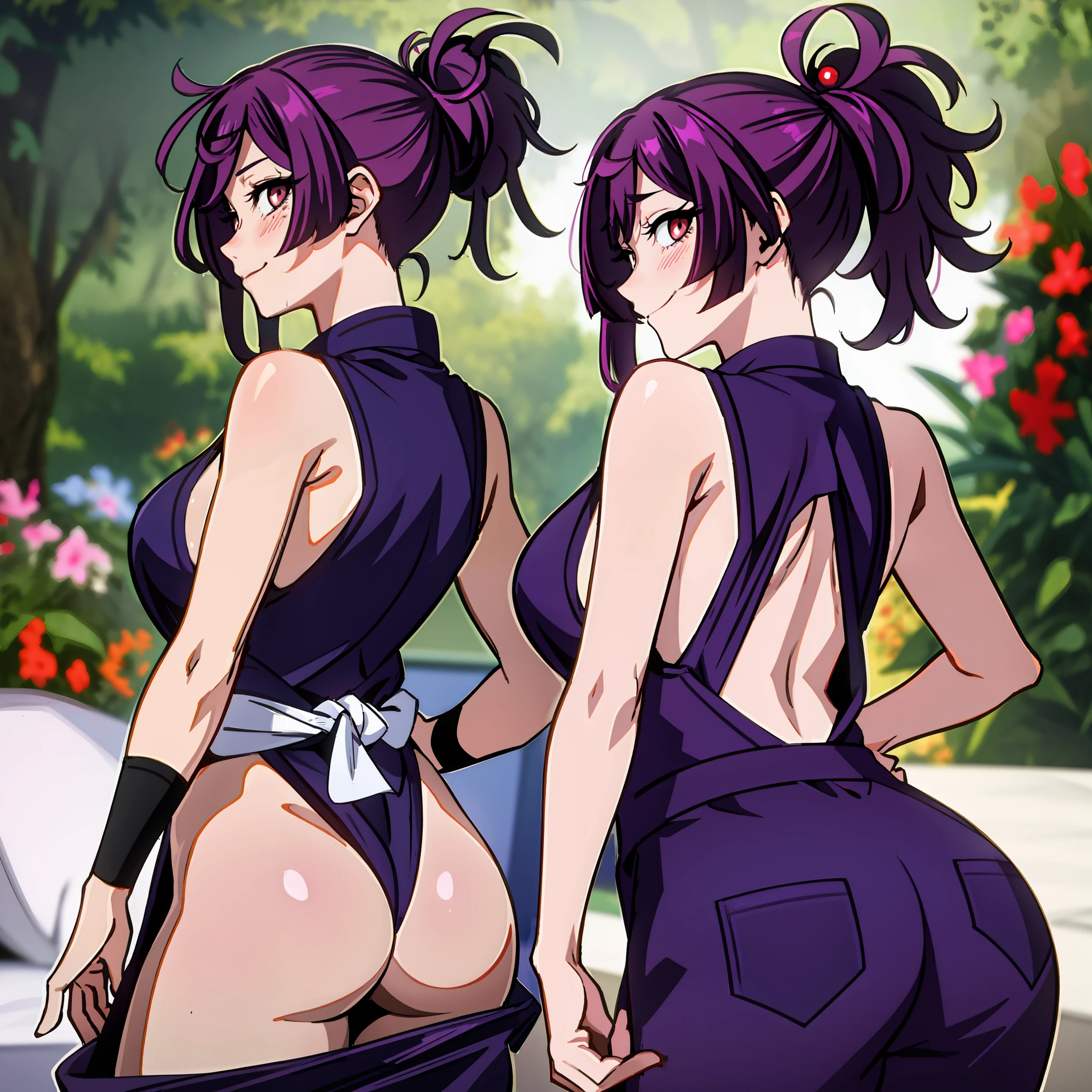 best quality, masterpiece, (from behind:1.4), 1girl, yuzuriha_(Jigokuraku), purple hair, brown eyes, ninja, revealing clothes, décolleté, Big breasts, wet skin, on the chest, top knot, medium hair, chest apart, seductive smile, pants, undress, (blush: 1.1), bed, prospective from behind, perfect booty
