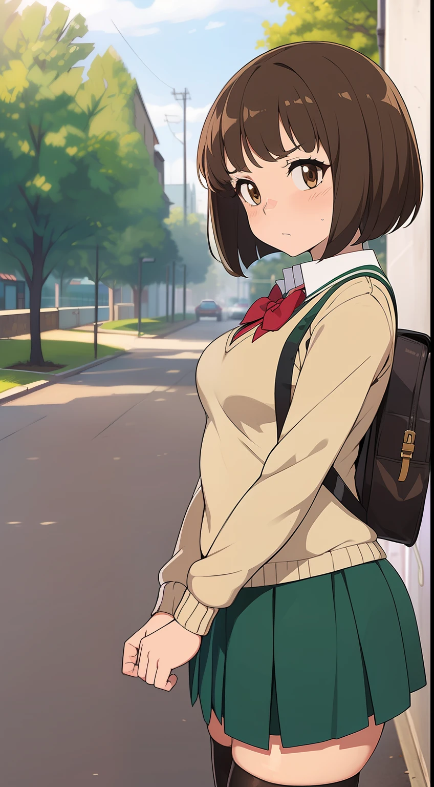 ((((kipteitei art)))), ((highres)),Masterpiece, high quality, best quality, beautiful, perfect lighting, detailed face, ultra cute face, ((1girl)), ((solo), brown hair, bob cut, bangs, ((fluffy hair)), brown eyes, nervous look, shy, weight conscience  blush, ((school uniform)), ((tan Blaser sweater)), (tight clothes)), undersized skirt, school bag on shoulder, thigh highs, green skirt, outside, walking though suburb, ((small breasts)), perky breasts, (wide hips), ((thick thighs)), 19 year old girl,