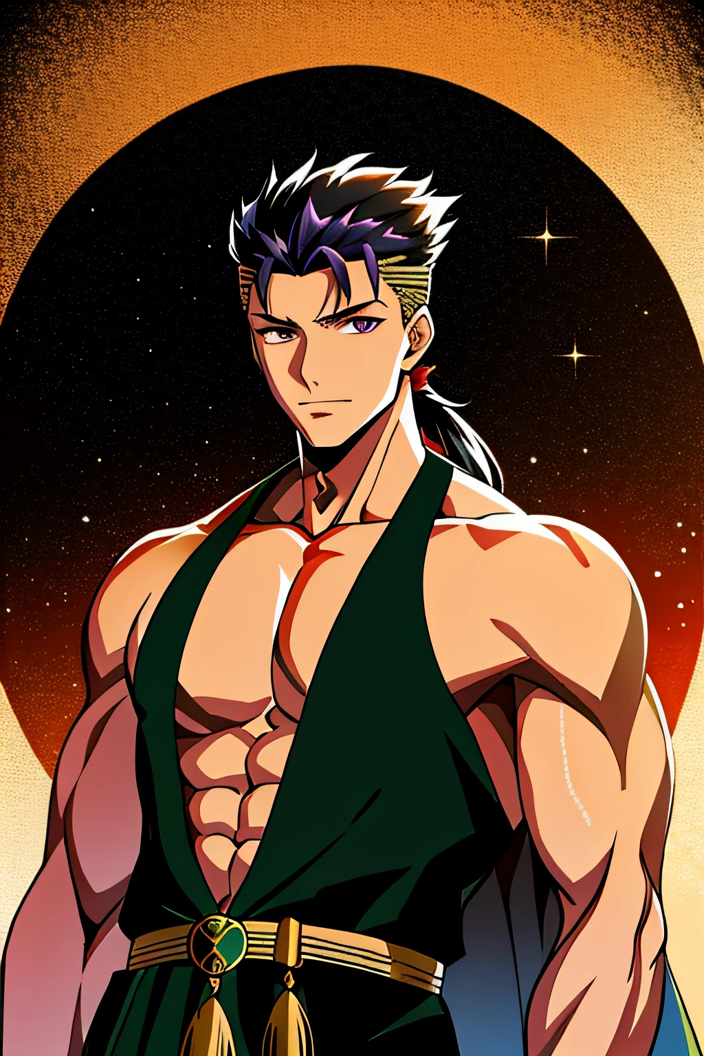 (Masterpiece: 1.4), (Best Quality: 1.4), 1 child, solo, (Emiya Shirō \(fate\):1.2), mischievous smile, long black hair, tied in a ponytail, purple eyes, Male, Open Shirt, Muscular, Aesthetic Guy ((very good anatomy)) toned muscles, athletic, prominent pectorals and abs, ((Ancient Indian clothing)), Black and Dark Green Sherwani, (((Indian Traditional Clothing))) Black Churidar, liquid gold floating around her, facing viewer, upper body, city, cityscape, sky, night, stars, anime style, Type-moon style