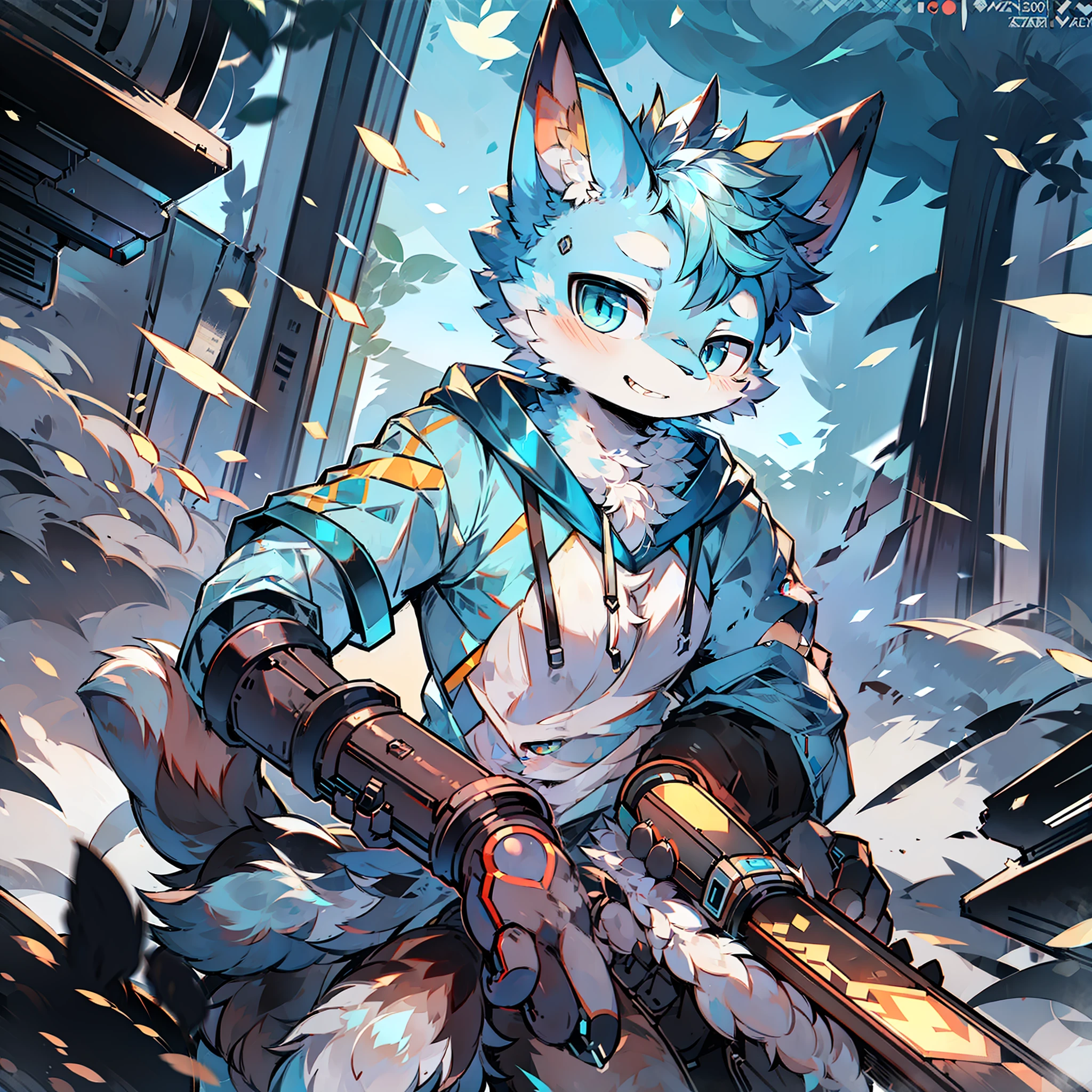 Furry blue cat,half-mechanical,Mechanical right eye,Mechanical left arm,Cyberwind,shoun,Blue sweatshirt,Double gun