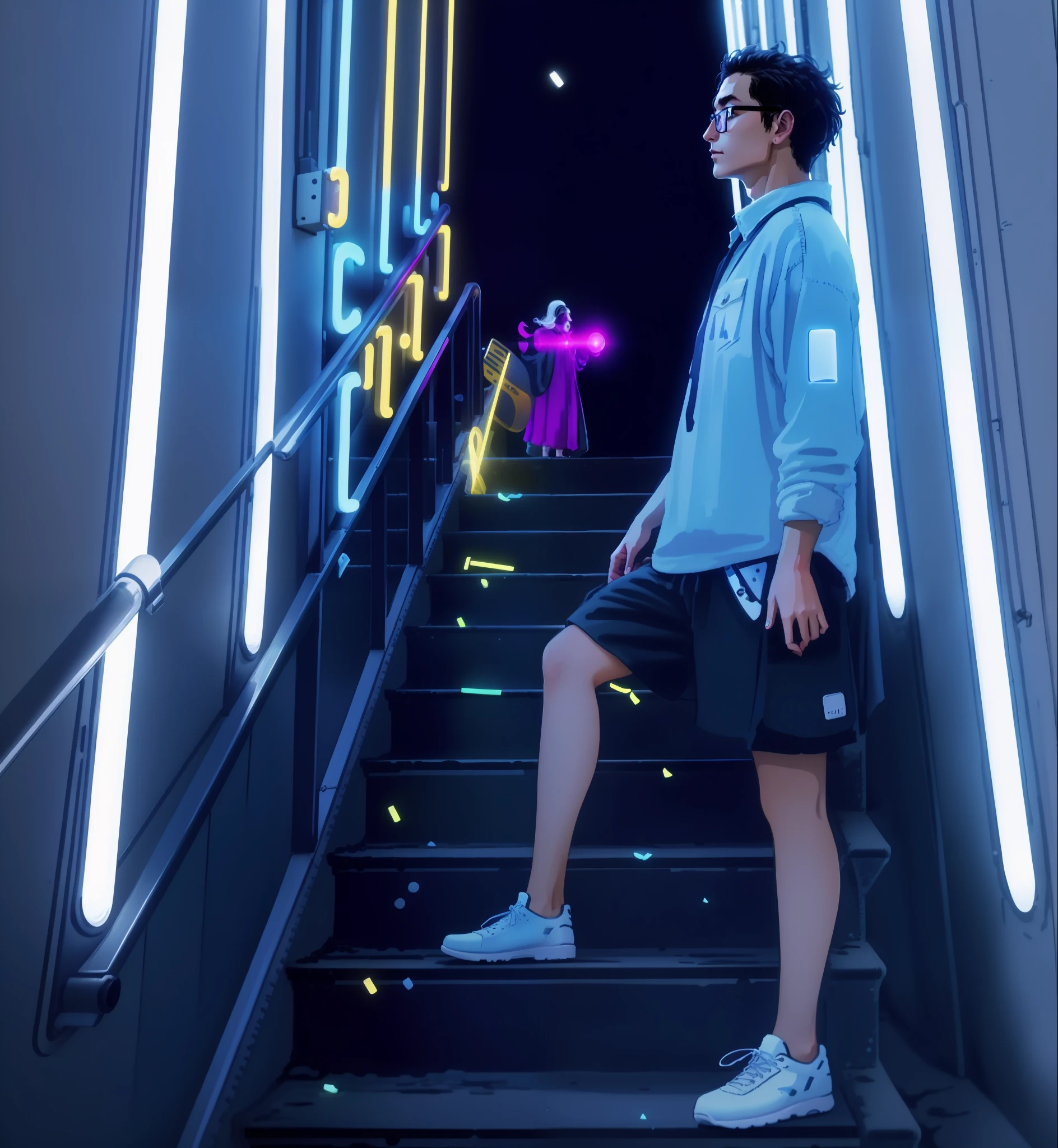 (Uma personagem)On the stairs of the future neon roof, Aesthetic photos taken in 2020, 1024px profile picture taken with Canon 13 and iPhone 5 Pro, The glow of neon lights illuminates the entire scene,Create beautiful light and shadow effects。(iPhone 10 shooting)