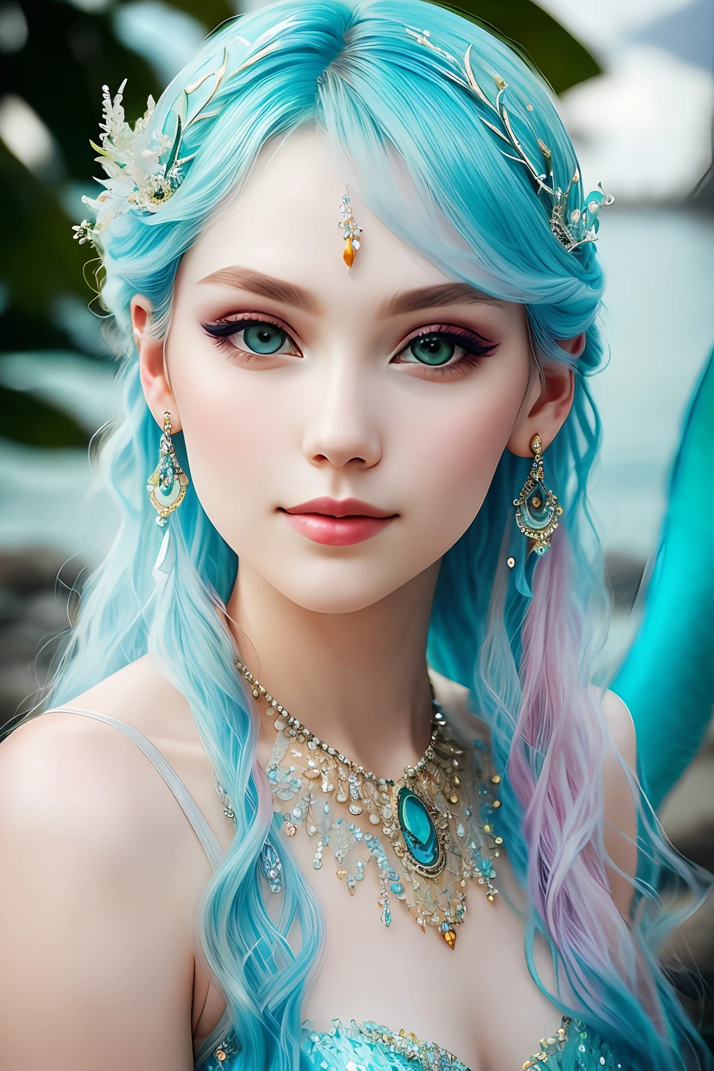 a portrait of mermaid, ethereal, mystical, elusive, alluring, detailed face, high details, photography, cool light, Nikon D850, 50mm, f/1.4