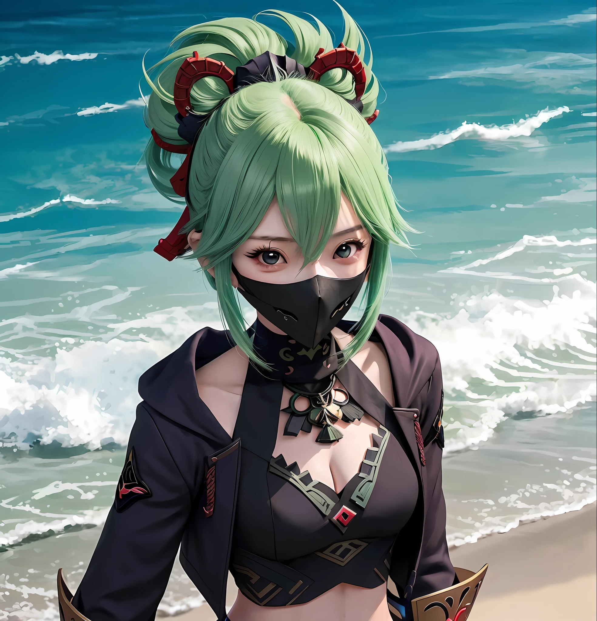 anime girl with green hair and a mask on standing on the beach, best anime 4k konachan wallpaper, ayaka genshin impact, ayaka game genshin impact, artwork in the style of guweiz, anime style 4 k, from girls frontline, detailed digital anime art, keqing from genshin impact, trending on artstation pixiv