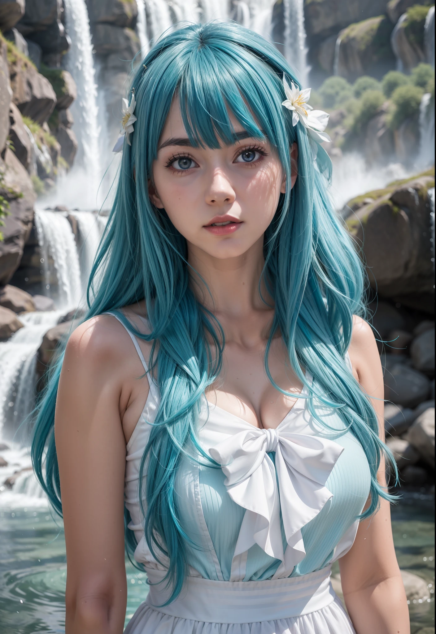 a woman with blue hair and a white dress standing in front of a waterfall, anime girl cosplay, flowing blue hair, anime girl in real life, anime inspired, beautiful blue haired girl, long flowing blue hair, anime cosplay, female water elemental, pretty girl with blue hair, beautiful anime style, anime girl with teal hair, beautiful anime girl