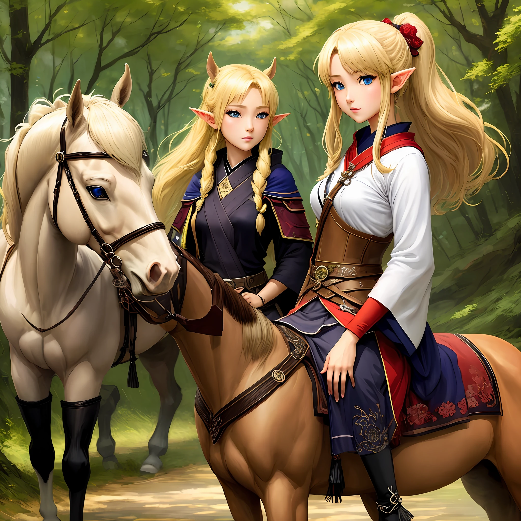 Female elves,Japanese anime style,blonde with blue eyes,Archer,dual horsetail