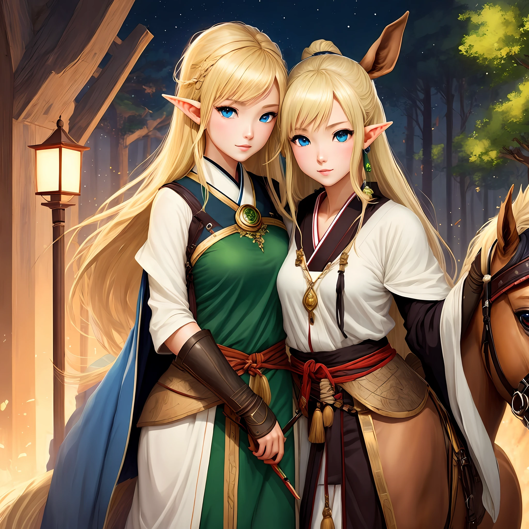 Female elves,Japanese anime style,blonde with blue eyes,Archer,dual horsetail