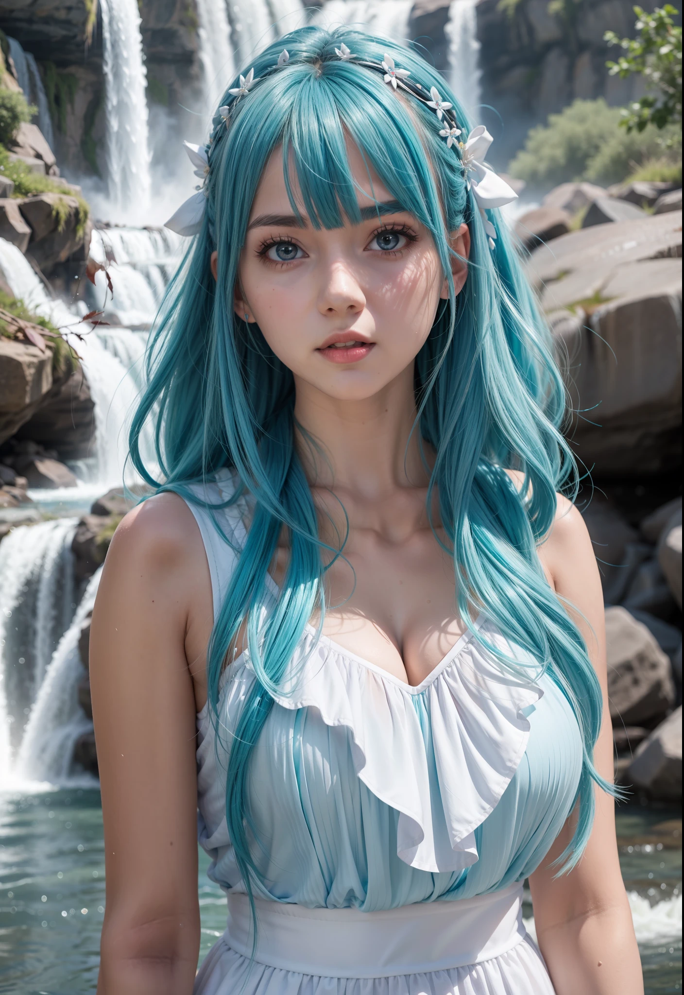a woman with blue hair and a white dress standing in front of a waterfall, anime girl cosplay, flowing blue hair, anime girl in real life, anime inspired, beautiful blue haired girl, long flowing blue hair, anime cosplay, female water elemental, pretty girl with blue hair, beautiful anime style, anime girl with teal hair, beautiful anime girl