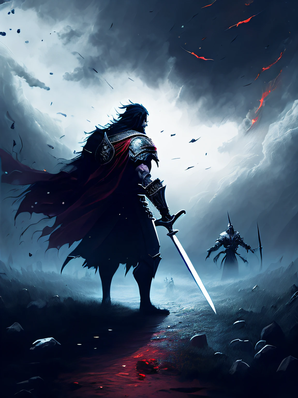 sword:1, sword hold,soul-like game,1man,misty,blood,war,dark sky,wide field,many dead body,fighting,mid age