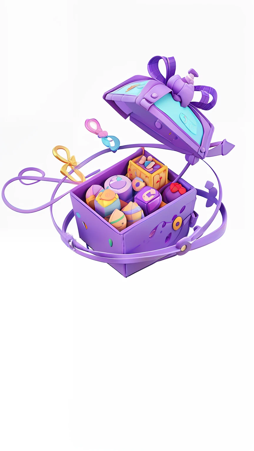 There is a purple box，Inside there was cake and ribbon, 3 d icon for mobile game, Magical items, 3 D 插图, 3D illustration, loot box, cinema 4d colorful render, made with illustrator, 3d game object, ( ( ( ( 3 d rendered ) ) ) ), stylized as a 3d render, webgl render, smooth 3 d illustration