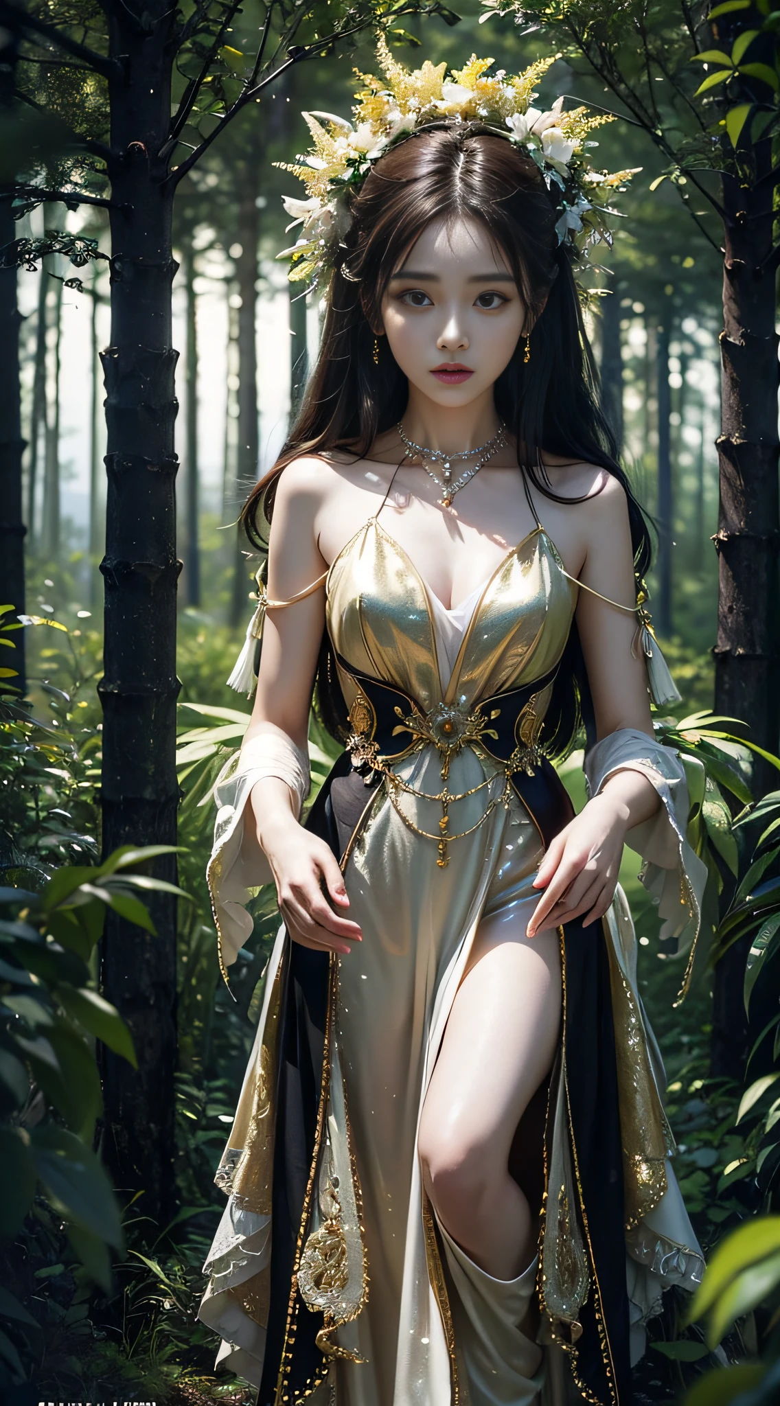 Fantasy style,1girll,dress,Detailed face,forest,Night,green trees,Dark theme,full body, 
((Cinematic light)),Soft light,golden holy aura glow,
