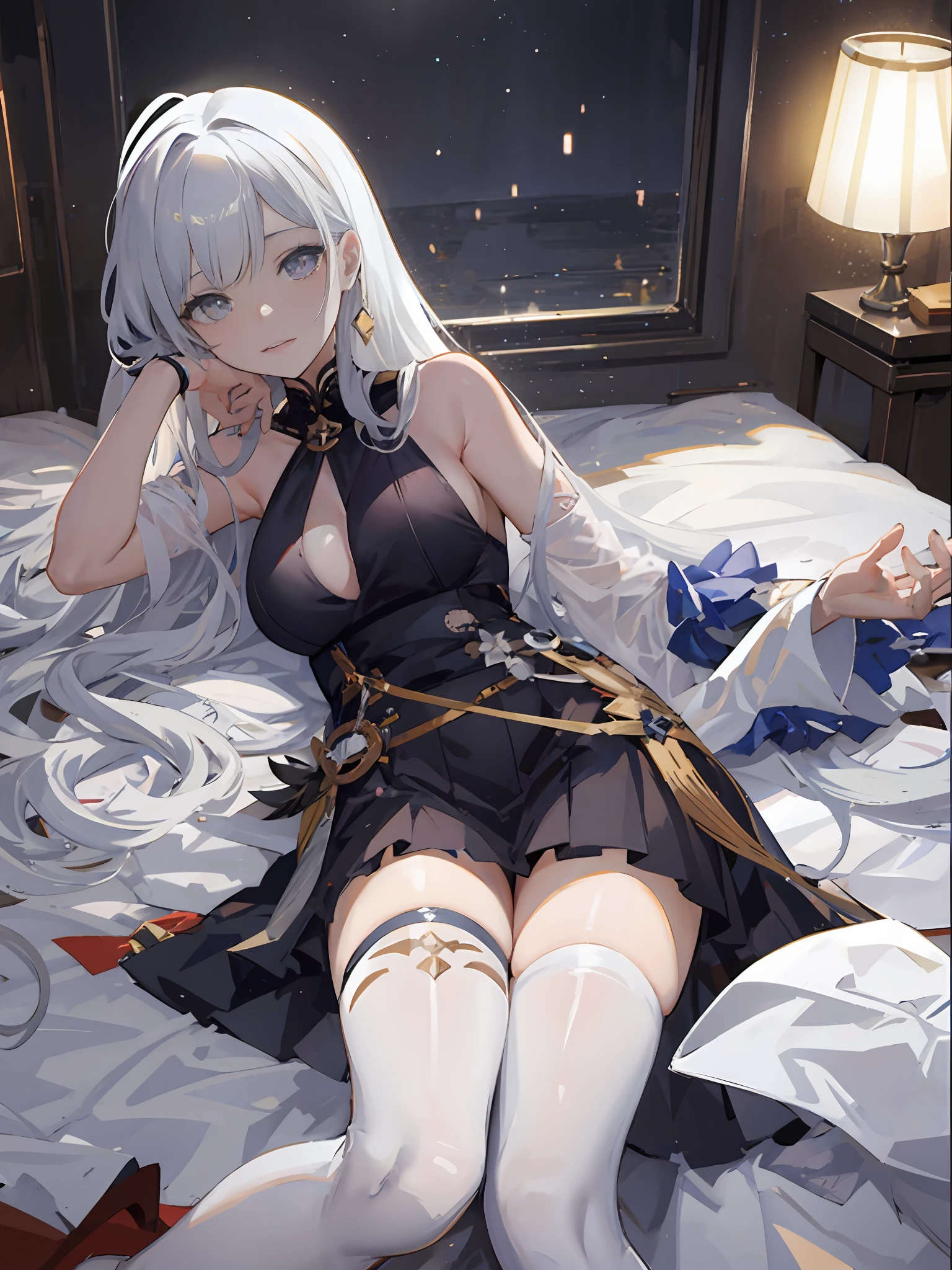 Anime girl lying on bed with long gray hair and white stockings, white-haired god, azur lane style, Perfect white haired girl, A scene from the《azur lane》videogame, trending on artstation pixiv, Guweiz in Pixiv ArtStation, seductive anime girls, Guweiz on ArtStation Pixiv, from girls frontline, white haired Cangcang,16K