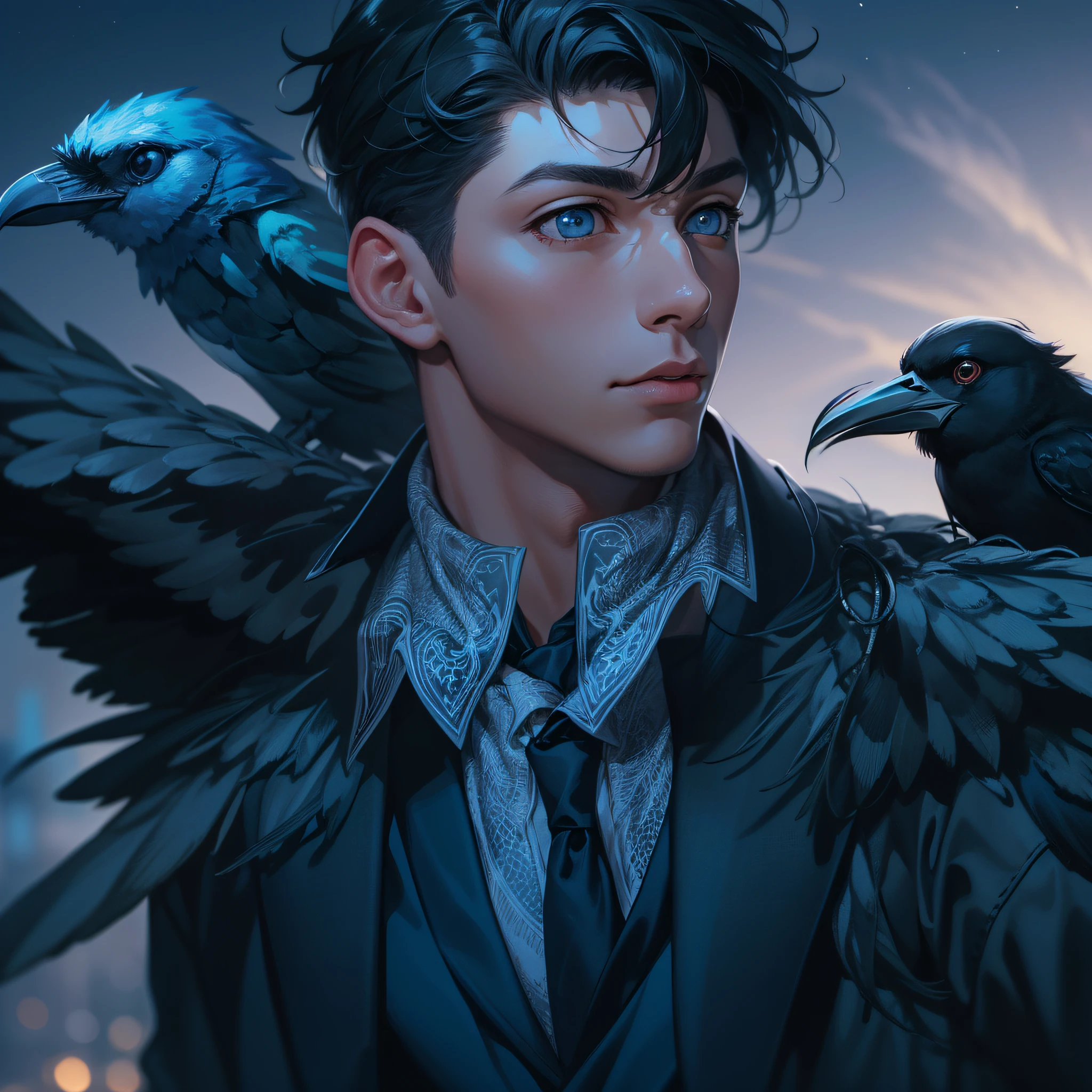 man, light skin, blue tones, blue eyes, crow on shoulder, black hair, short hair, focus on face, outfit, black suit, blue details, high quality image, 8k, focus on face, background birds in sky, night, magic neck tattoo