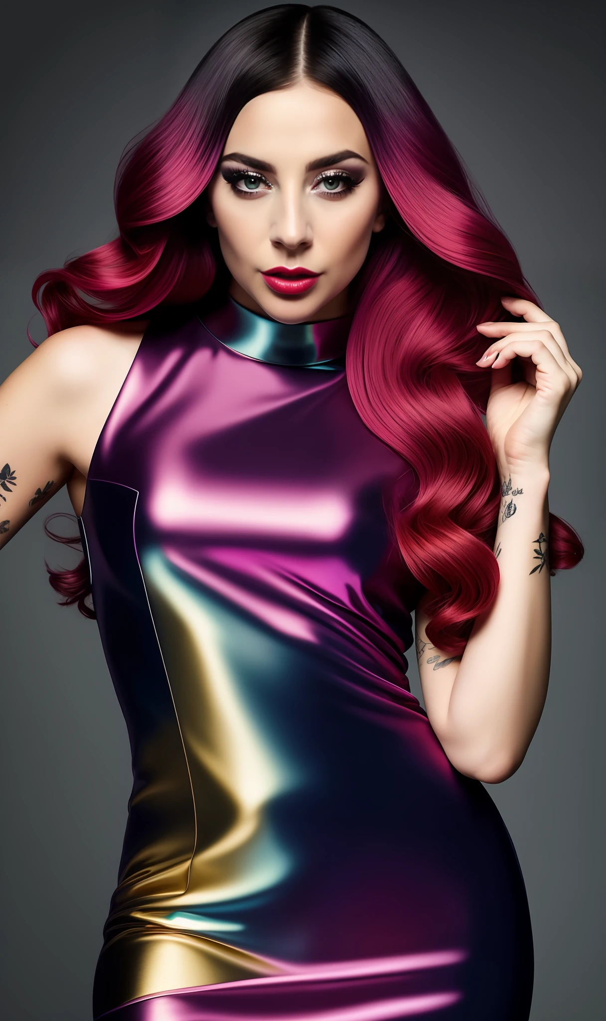 Lady GaGa vestido estampado floral,textura 4K, cabello largo y de colores, calidad alta, cuerpo completo,varias poses corporales,peinado extravagante, Original album cover, imagen 8k, futurista, alta calidad de imagen, en la noche, accesorios en el cabello, imagen 8k, rostro realista en alta calidad, cuerpo completo, diferentes poses corporales, alta calidad en el rostro, rasgos definidos,HD, rostro realista y definido 4k
