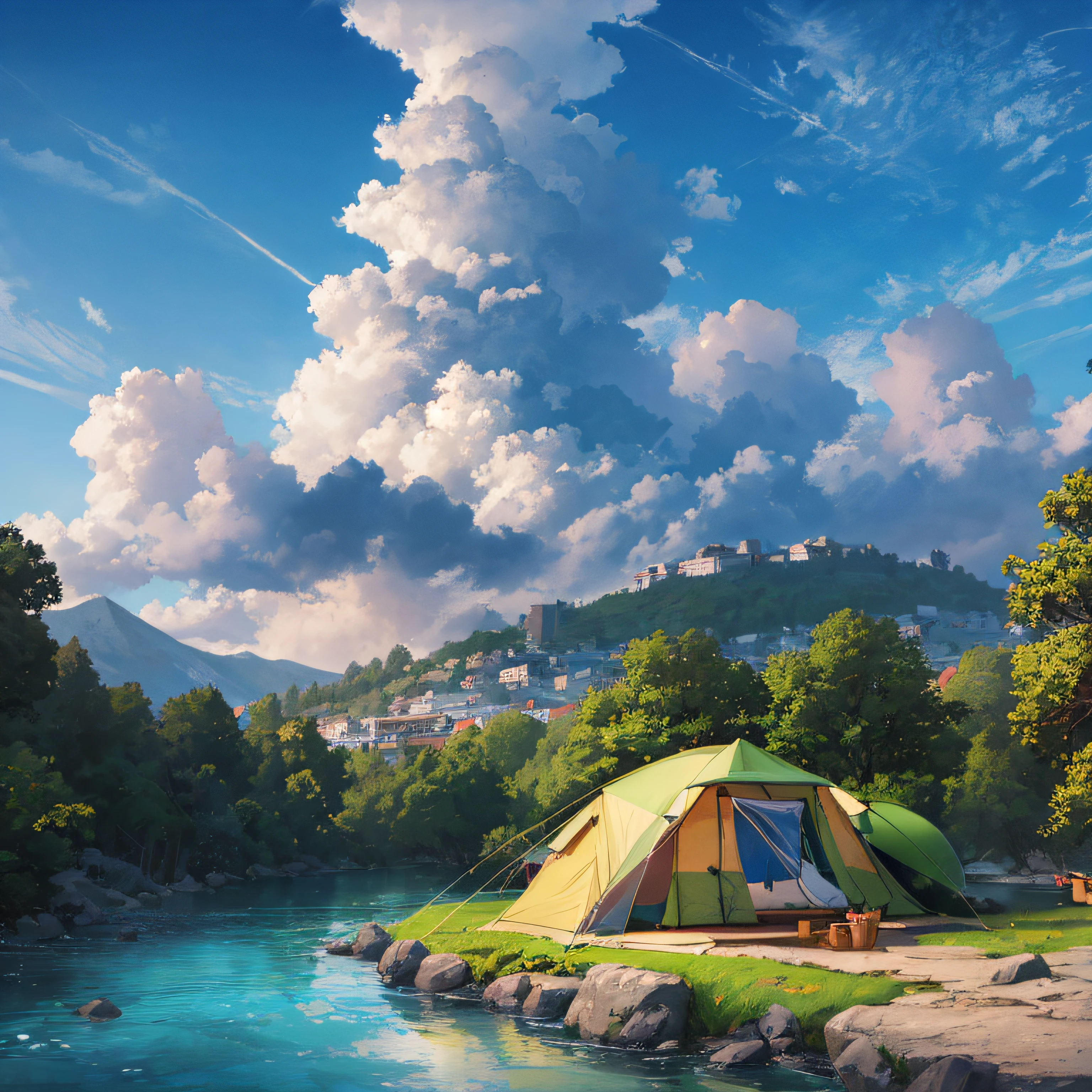 ConceptArt, camping, no humans, scenery, water, sky, day, tree, cloud, waterfall, outdoors, building, nature, river, blue sky --auto --s2
