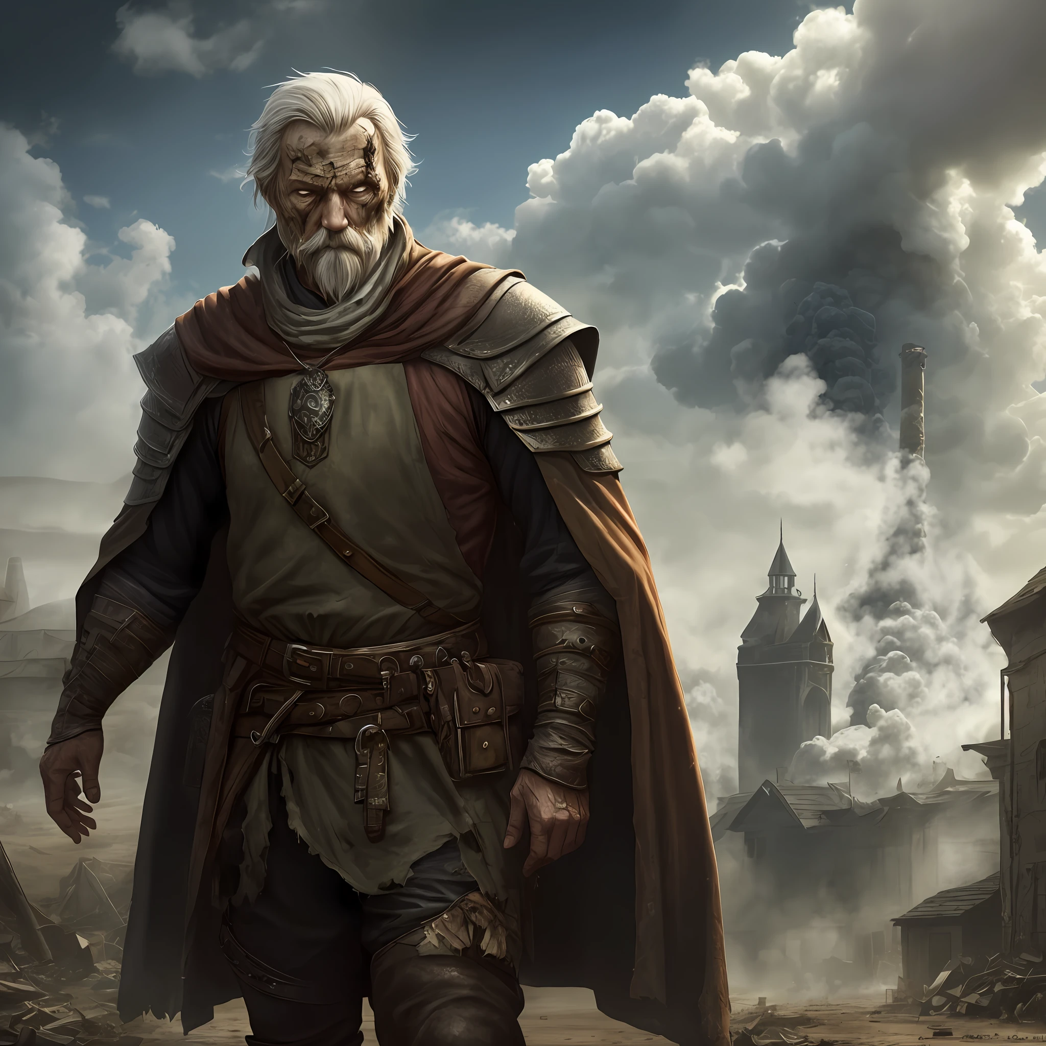 Realistic image of a character from an RPG game. A thin, elderly man, dressed in dirty, torn clothes, with a thin, dirty face. In the background a cloud of toxic gas. His body has some green wounds. Fantasy genre, realistic image, high quality, many details, medieval times. --auto
