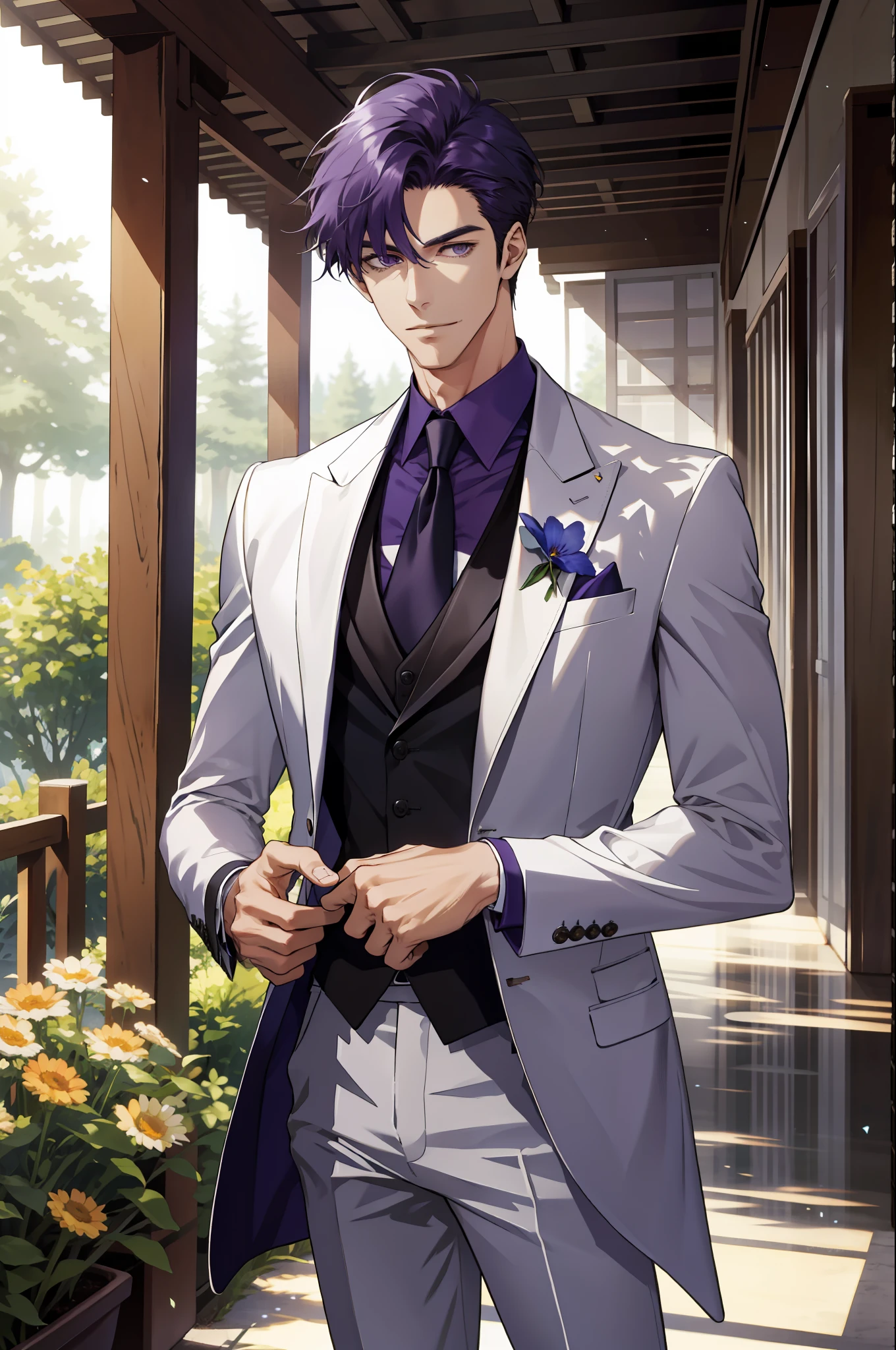 （absurderes，A high resolution，ultra - detailed），1 male，AS-Adult，handsome，Tall muscular man，a broad shouldered，Fine and detailed eyes and detailed face，Business suit，Manteau blanc，ln the forest，ssmile，rays of sunshine，rays of sunshine，Weddings，Side Body，Purple pants，（Side Body，45° viewing angle）