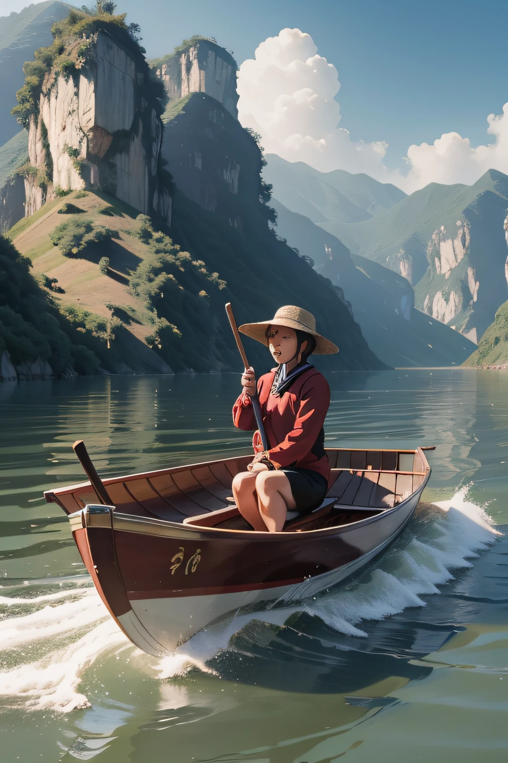 High hills，Simian，Yangtze River，Skiff，Paddling alone，The water is turbulent