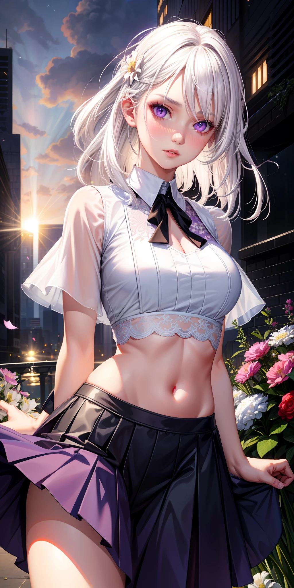 realistic, 1girl, white hair, purple eyes, glowing eyes, crop top, skirt, parted lips, blush, night, flowers, sun, sunlight,