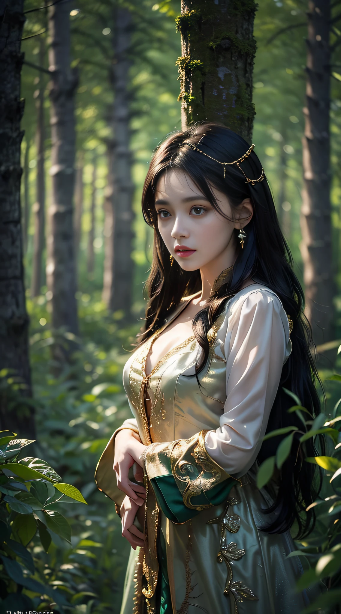 Fantasy style,1girll,dress,Detailed face,forest,Night,Green trees,Dark theme,full body, 
((Cinematic light)),Soft light,golden holy aura glow,