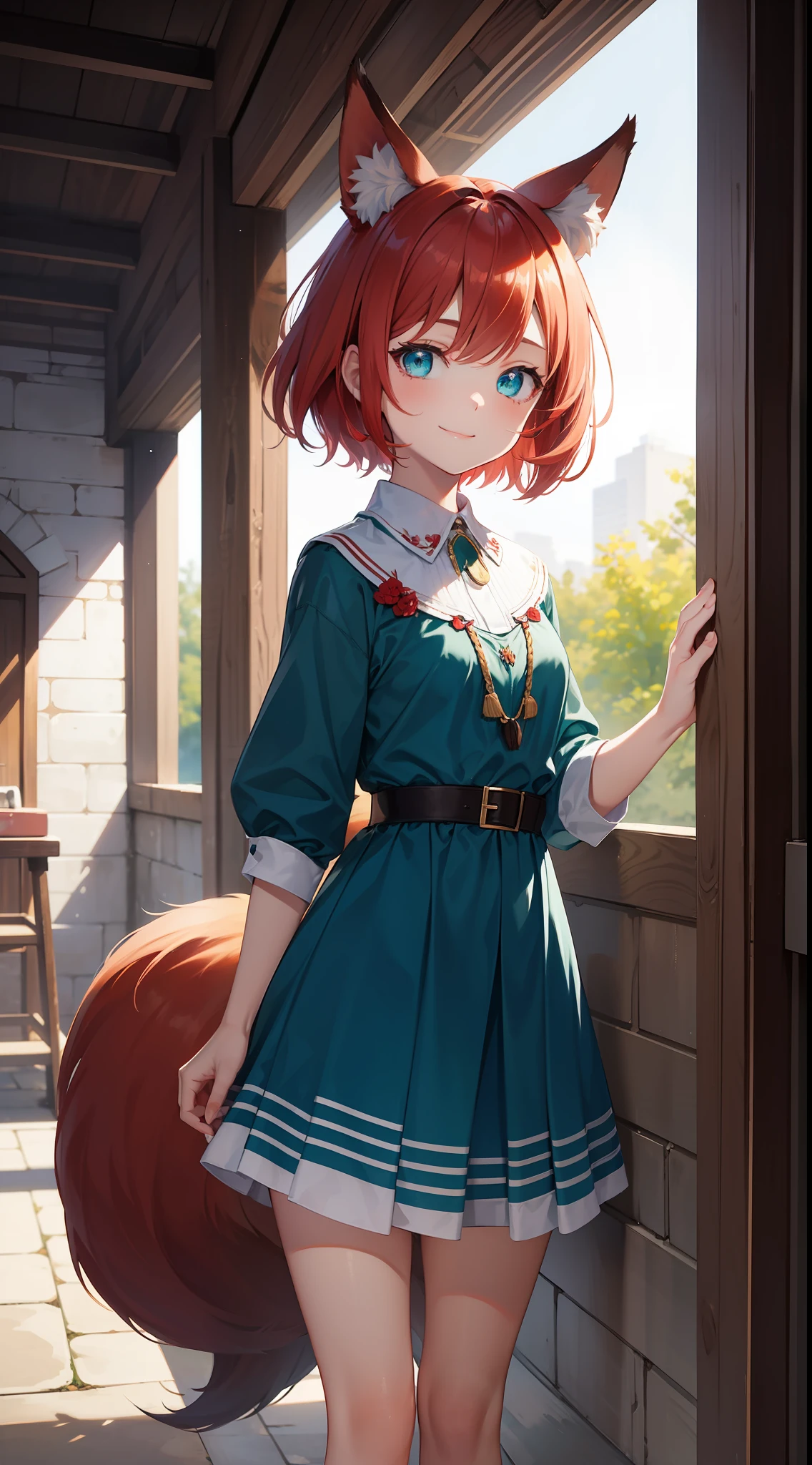 young girl, short red hair, Fox ears, Cyan eyes, light old Russian folk dress, ssmile, Masterpiece, hiquality