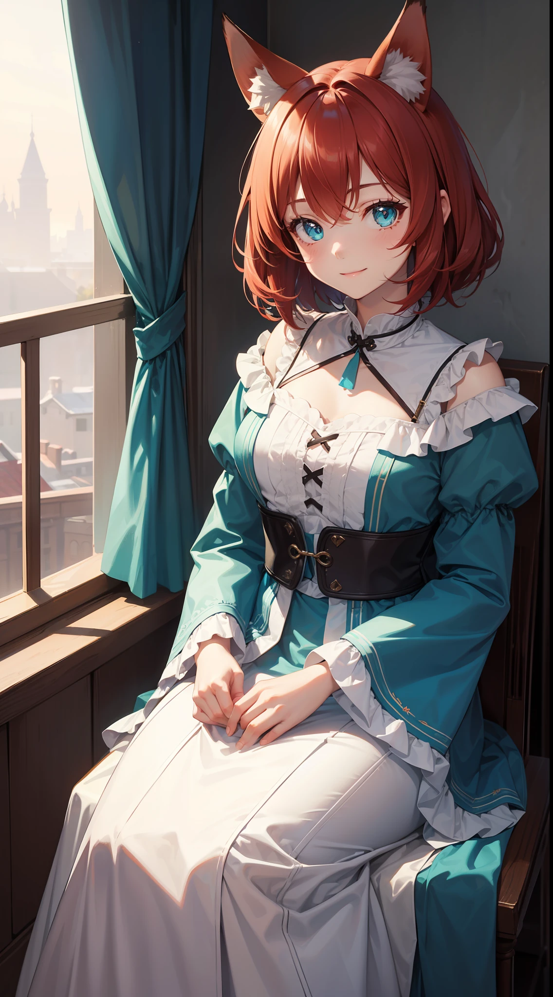 young girl, short red hair, Fox ears, Cyan eyes, light old Russian folk dress, ssmile, Masterpiece, hiquality