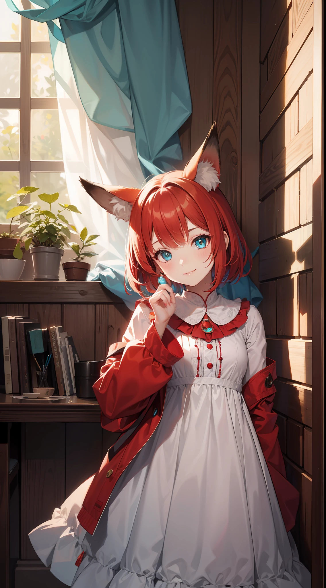 young girl, short red hair, Fox ears, Cyan eyes, light old Russian folk dress, ssmile, Masterpiece, hiquality