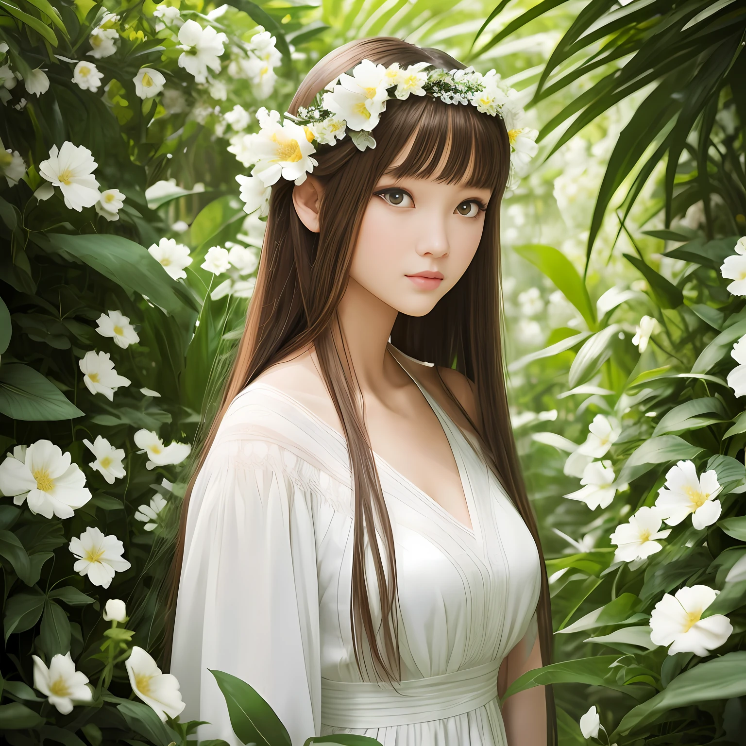 Classical beauty，No bangs，looking to the camera，largeeyes，mid - length hair，Wear floral hair accessories，White clothes，jungle backdrop，A trail in a sea of flowers，Real Human，hyper realisitc，Carefully portray the face