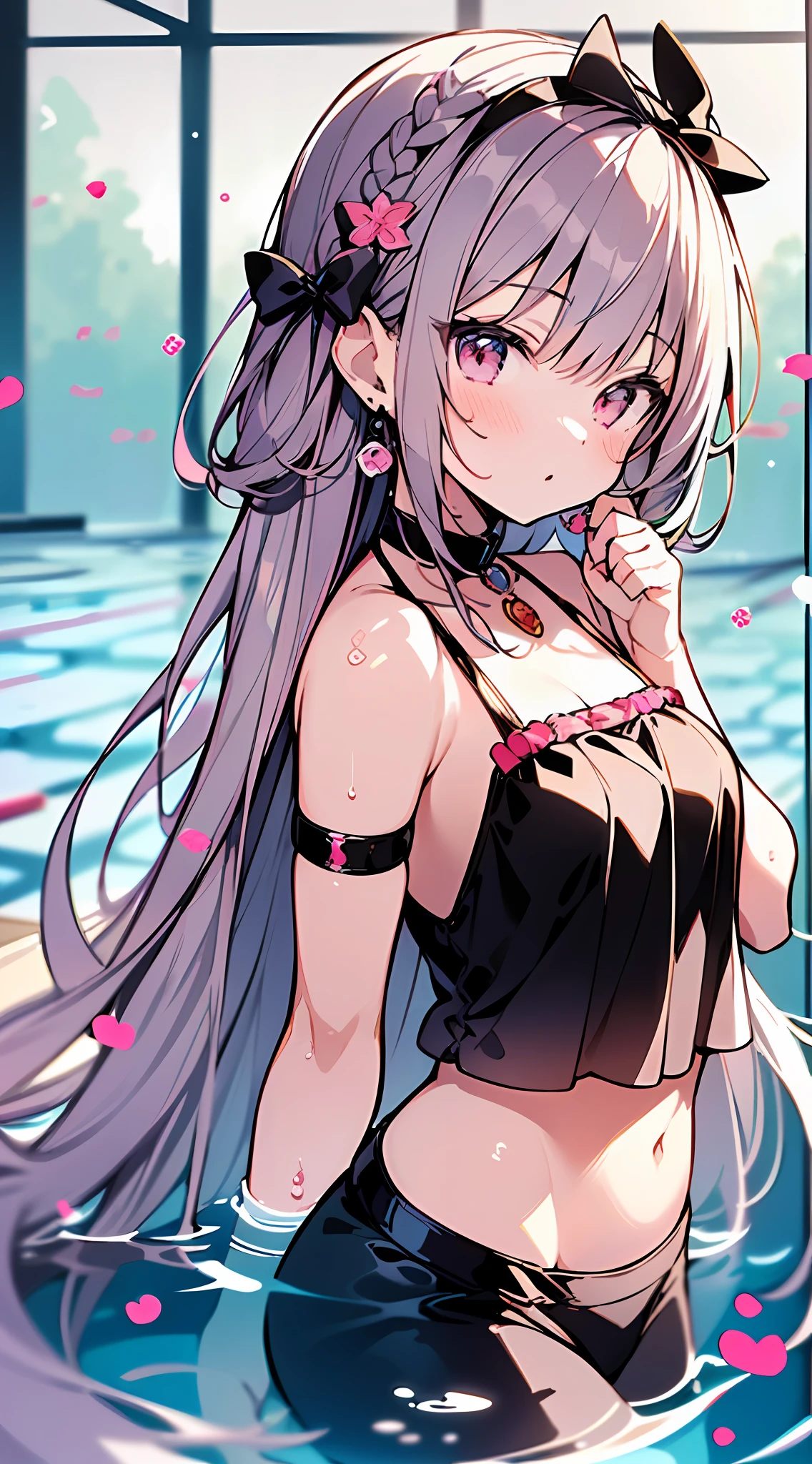 (Incredibly ridiculous absolute resolution:1.5)、Anime girl in bikini with cherry pink decorations and decorations, anime moe art style, Seductive Anime Girl,Anime , 8k Manga Wallpapers,((small curvy loli pretty anime girl,((swimming pools))、large boob、(The length of hair to the shoulders)、(short braided hair)、Beautiful anime girl, (Anime Girl), clean detailed anime art