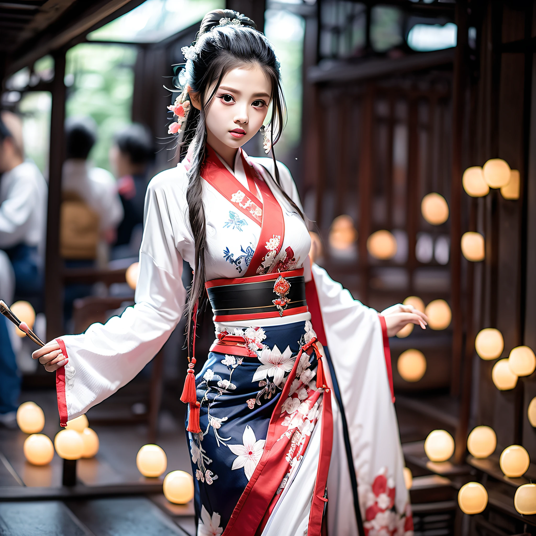 In the quaint city，With a petite figure，A beautiful looking woman with a double ponytail，Wander around in Hanfu --auto