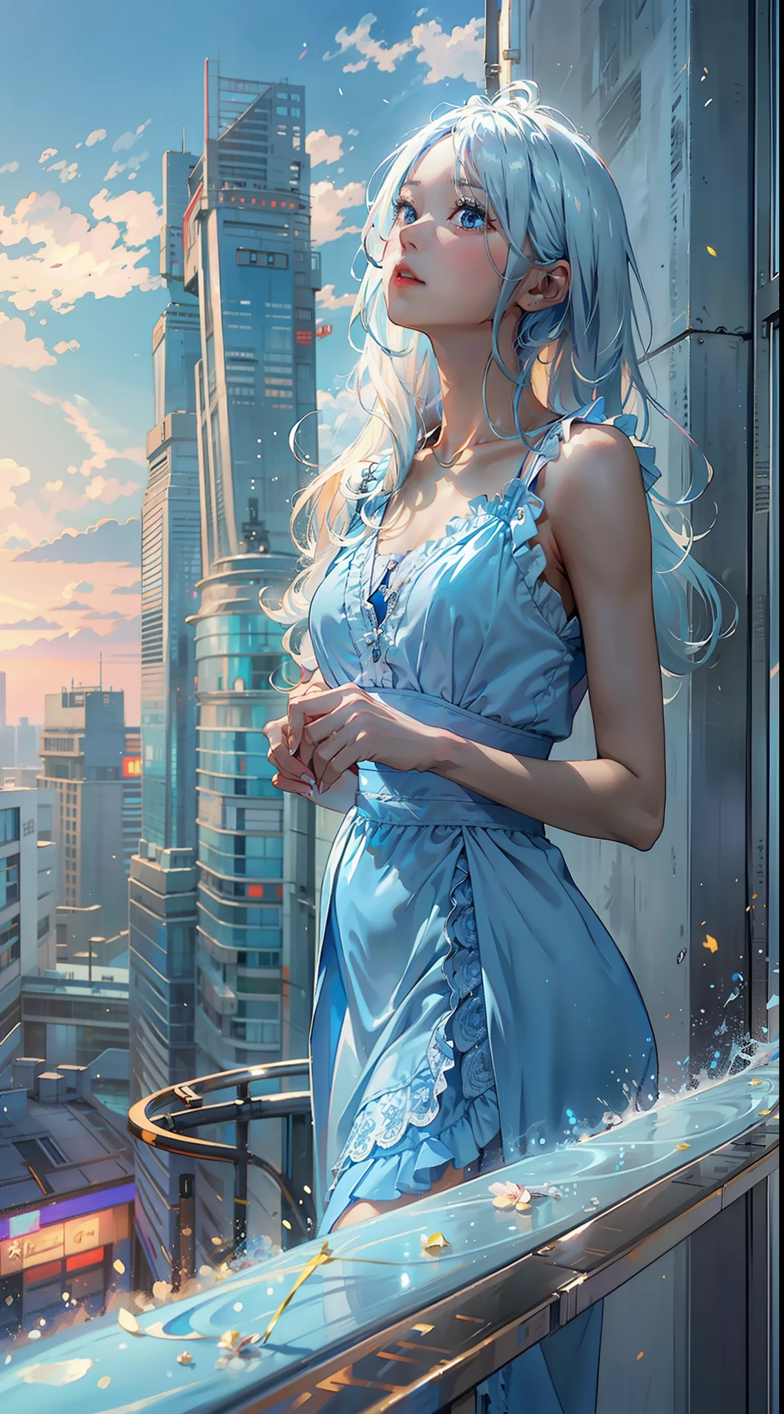 one-girl，prette，light blue long hair，Lady，haughty，Head up，The neck is slender，a blue dress，White high-heeled booties，urban backdrop，outside，tmasterpiece,4k,8k,finedetail,超高分辨率,best qualtiy,k hd,intricately details,Large file size,Amazing,CG,Wallpapers,Master painting,