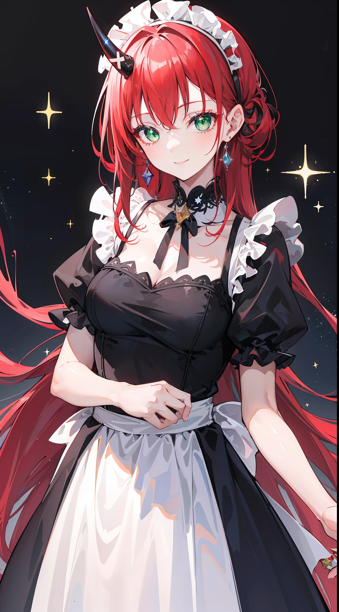 "Palace ambiance, exquisite 4k artwork showcasing a captivating little girl donning an enchanting dark-red hair tied gracefully with a ribbon and have black demon horn. Her mesmerizing green eyes sparkle as she elegantly adorns a charming maid dress and warm cute smile, star sparkle."