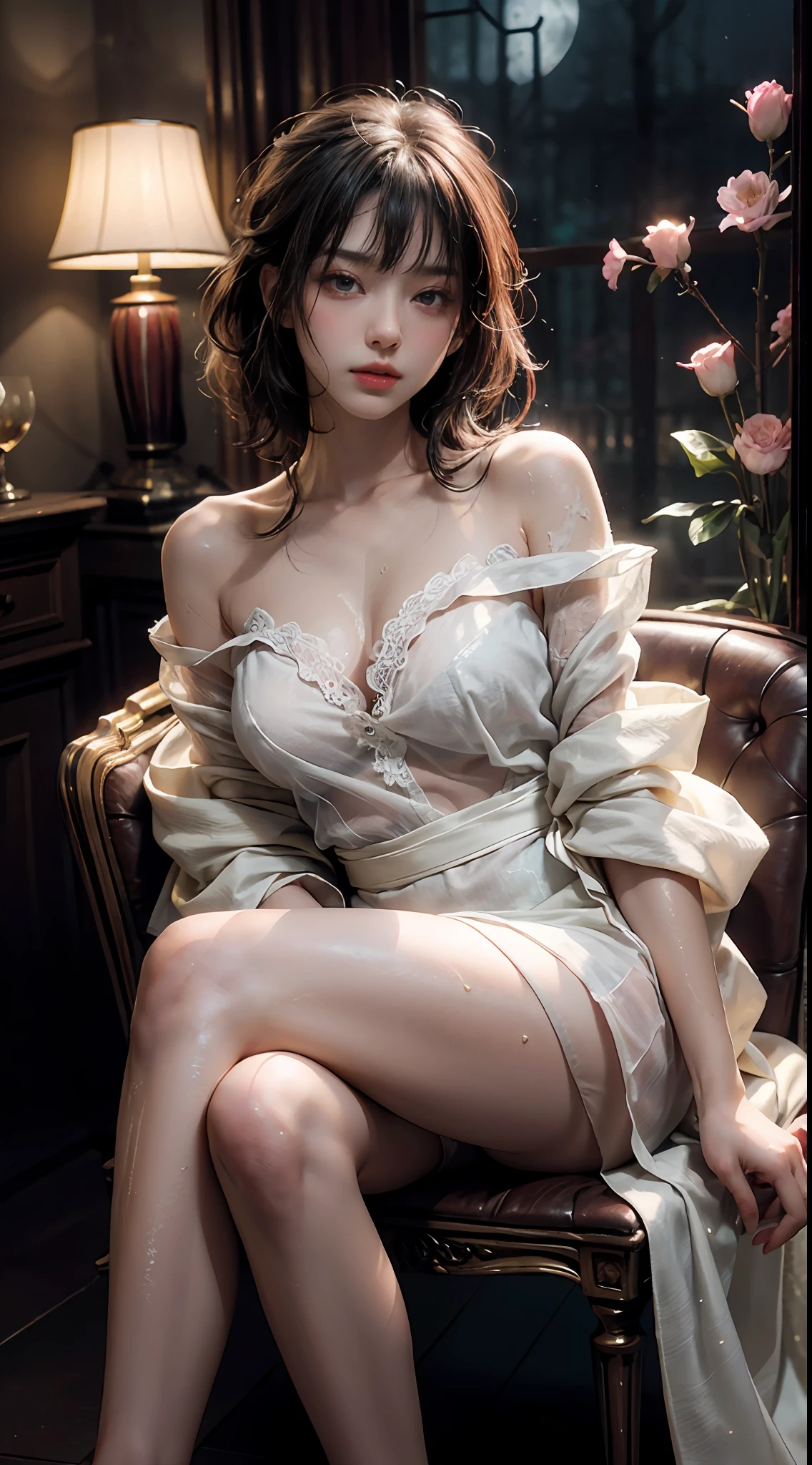 Decorated with intricate patterns and bright colors、Bright colors with flowing silky traditional see-through skin、Artistic depiction of seductive woman in sheer white kimono with white see-through and lace kimono skin。Her dress draped elegantly around her curvaceous figure、Emphasizes her charming silhouette。She stands gracefully in a gentle moonlit night、bathed in the soft glow of moonlight。The scene is、With a hint of mystery and sensuality、It exudes an ethereal dreamy atmosphere。The image style is、Incorporates a blend of watercolor and digital illustration techniques.、It makes you feel delicate beauty and charm。Soft moonlit lighting、Cast gentle highlights and shadows on her mesmerizing features。Sit in a very luxurious upholstered chair、The hand is somewhere、see -through、show through、A y、Wet hair、Wet、Hands are lips、Hair color is lilac and white､Light brown、cherryblossom、Sakura blizzard、Buried in the cherry blossoms、. Hanazawa、holding flower bouquet、Flower side、Sit in a luxuriously decorated chair、cross one's legs、