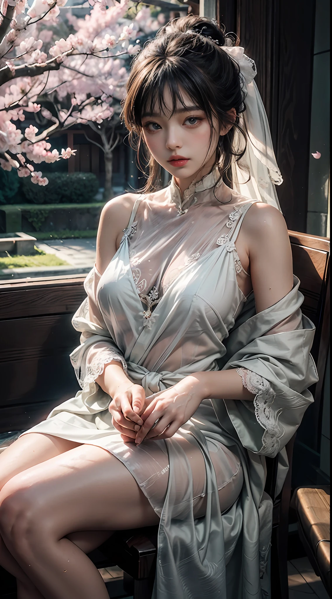 Decorated with intricate patterns and bright colors、Bright colors with flowing silky traditional see-through skin、Artistic depiction of seductive woman in sheer white kimono with white see-through and lace kimono skin。Her dress draped elegantly around her curvaceous figure、Emphasizes her charming silhouette。She stands gracefully in a gentle moonlit night、bathed in the soft glow of moonlight。The scene is、With a hint of mystery and sensuality、It exudes an ethereal dreamy atmosphere。The image style is、Incorporates a blend of watercolor and digital illustration techniques.、It makes you feel delicate beauty and charm。Soft moonlit lighting、Cast gentle highlights and shadows on her mesmerizing features。Sit in a very luxurious upholstered chair、The hand is somewhere、see -through、show through、A sexy、Wet hair、Wet、Hands are lips、Hair color is lilac and white、Light brown、cherryblossom、Sakura blizzard、Buried in the cherry blossoms、. Hanazawa、holding flower bouquet、Flower side、Sit in a luxuriously decorated chair、cross one's legs、