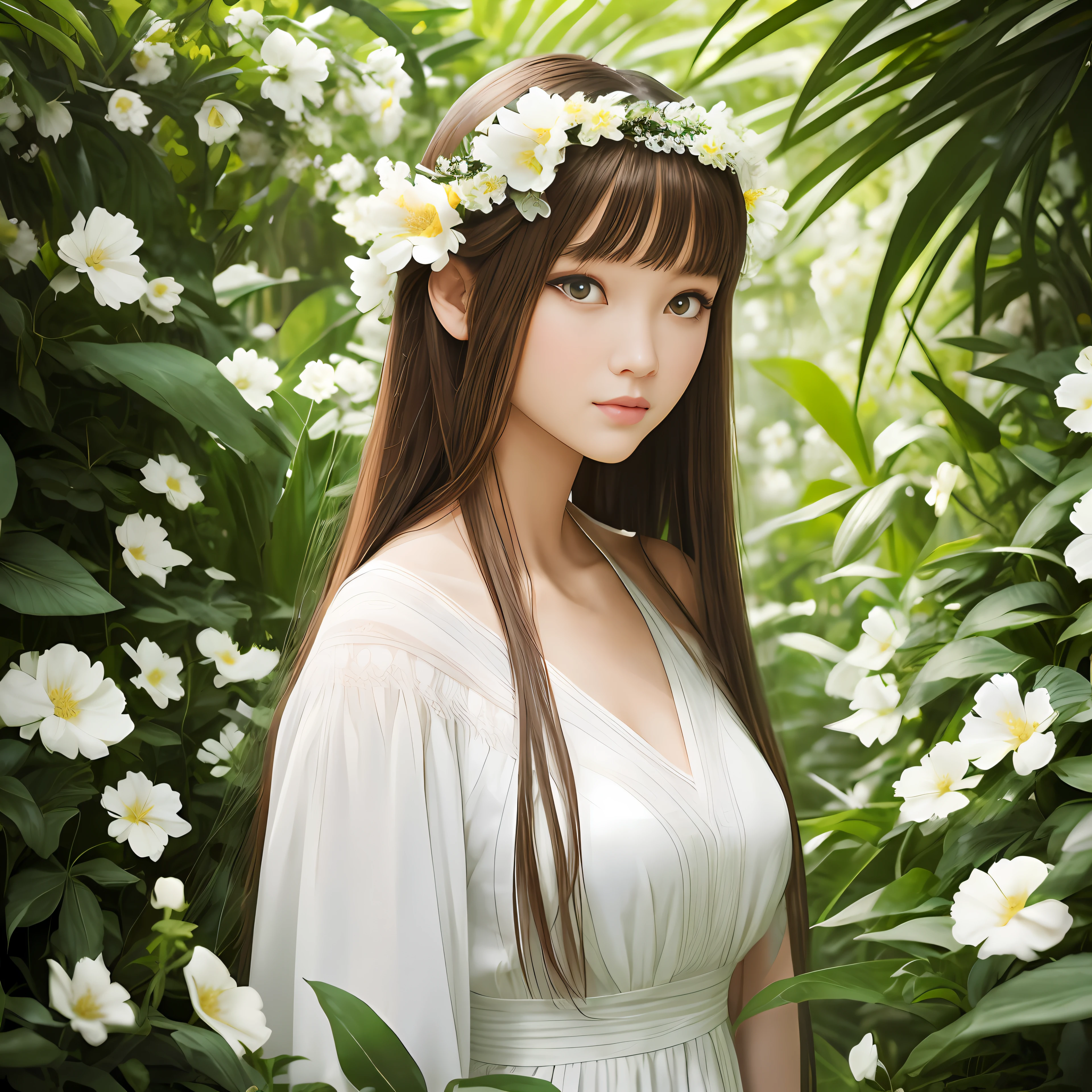Classical beauty,No bangs,looking to the camera,largeeyes,mid - length hair,Wear floral hair accessories,White clothes,jungle backdrop,A trail in a sea of flowers,Real Human,hyper realisitc,Carefully portray the face