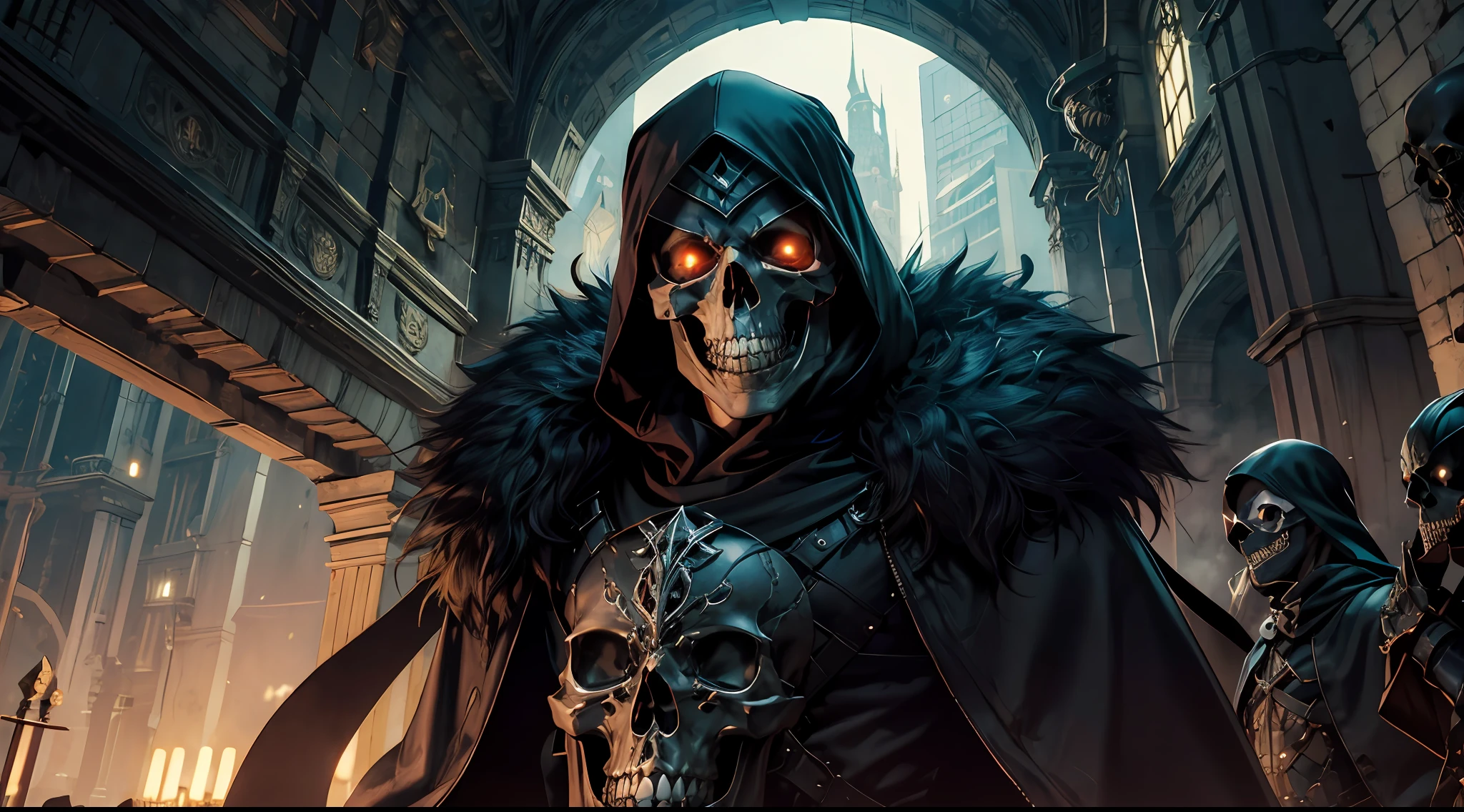 ((sozinho)), manto preto, skull, esqueleto, sozinho, capuz para cima, capa, parte superior do corpo, necromante, medieval, skull face, ceifador de almas, segurando uma foice