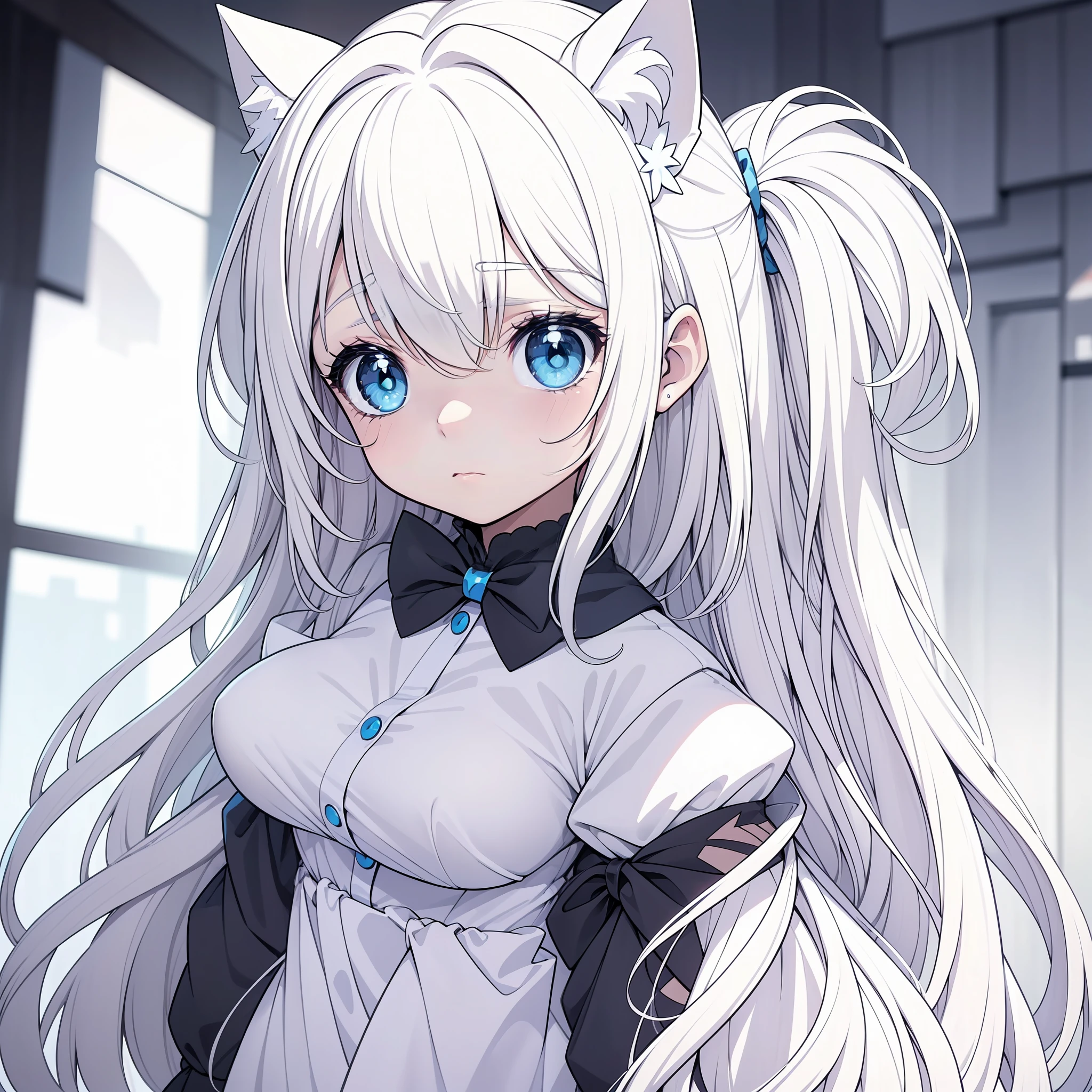 Anime girl with long hair and blue eyes with white bow+White Cat Girl+[adolable、big breasts beautiful、Cat ears]+White-haired fox+Anime Catwoman+Very beautiful anime cat girl+White(cat)Girl+very beautiful cute catgirl+Holo is a wolf girl+Cute anime girl+anime cat