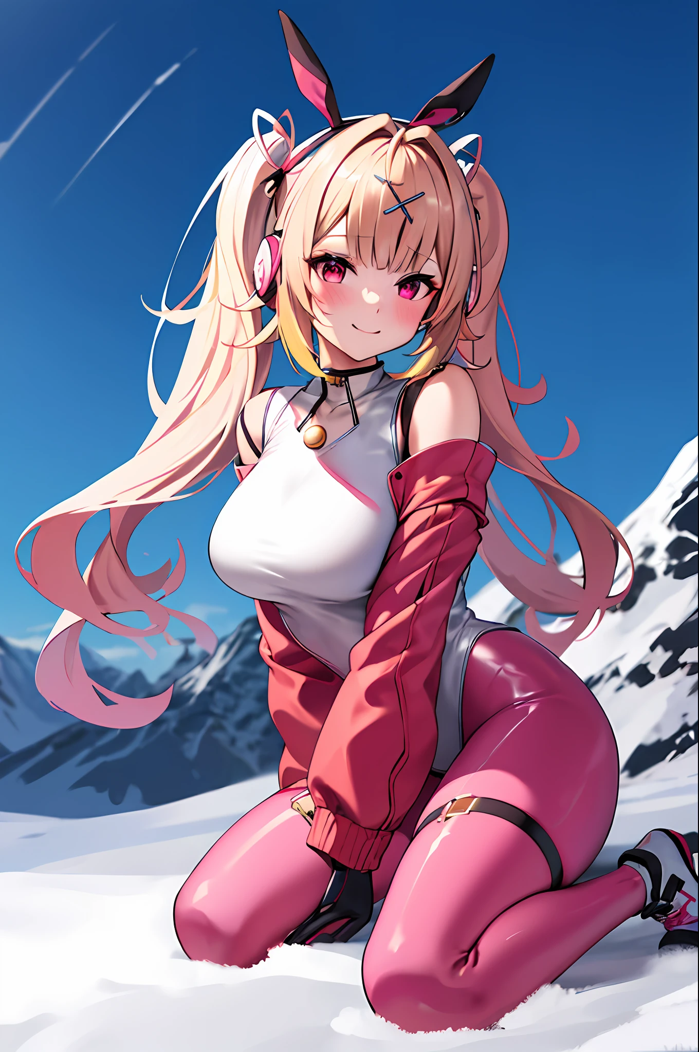 masterpiece, top-quality, hight resolution, HS1, a blond、red eyes, yellow eyes, side poneyTail, X Hair Ornament, Thigh strap, Pink Bodysuit、animal ear、Fake animal ears、gloves、headphones、ear phone、 jaket、Pink latex bodysuit、Twin-tailed、white glove、 Virtual Girl - Aim、middlebreasts、Black Crystal Pendant、A smile、 FULL BODYSHOT、Perfect picture quality、Opening legs、Open your crotch、opens legs、red blush