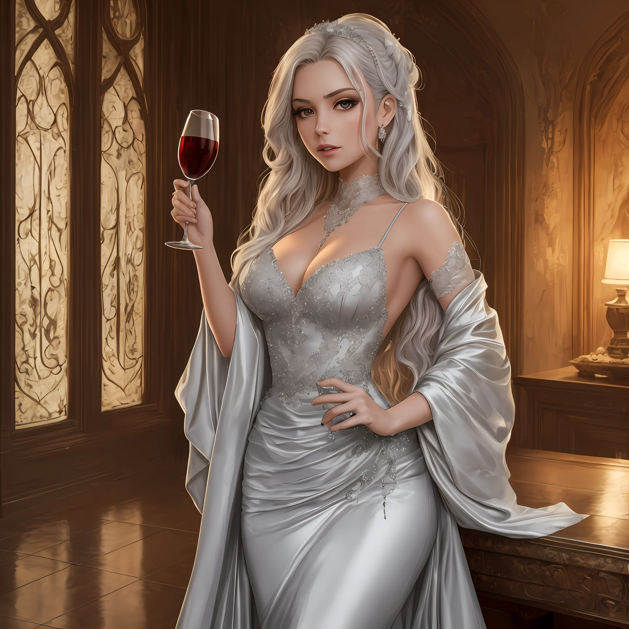 A young female vampire, beautiful, in a silver gown, holding a glass of wine in her hand. --auto --s2