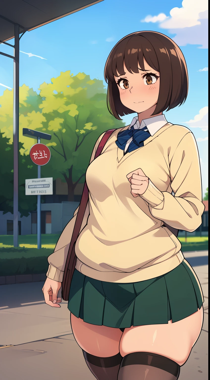 ((((kipteitei art)))), ((highres)),Masterpiece, high quality, best quality, beautiful, perfect lighting, detailed face, ultra cute face, ((1girl)), ((solo), brown hair, bob cut, bangs, ((fluffy hair)), brown eyes, nervous look, shy, weight conscience  blush, ((school uniform)), ((tan Blaser sweater)), (tight clothes)), ((undersized skirt)), school bag on shoulder, thigh highs, green skirt, outside, walking though suburb, ((small breasts)), perky breasts, ((wide hips)), (((thick thighs))), tummy bulge, 19 year old girl,