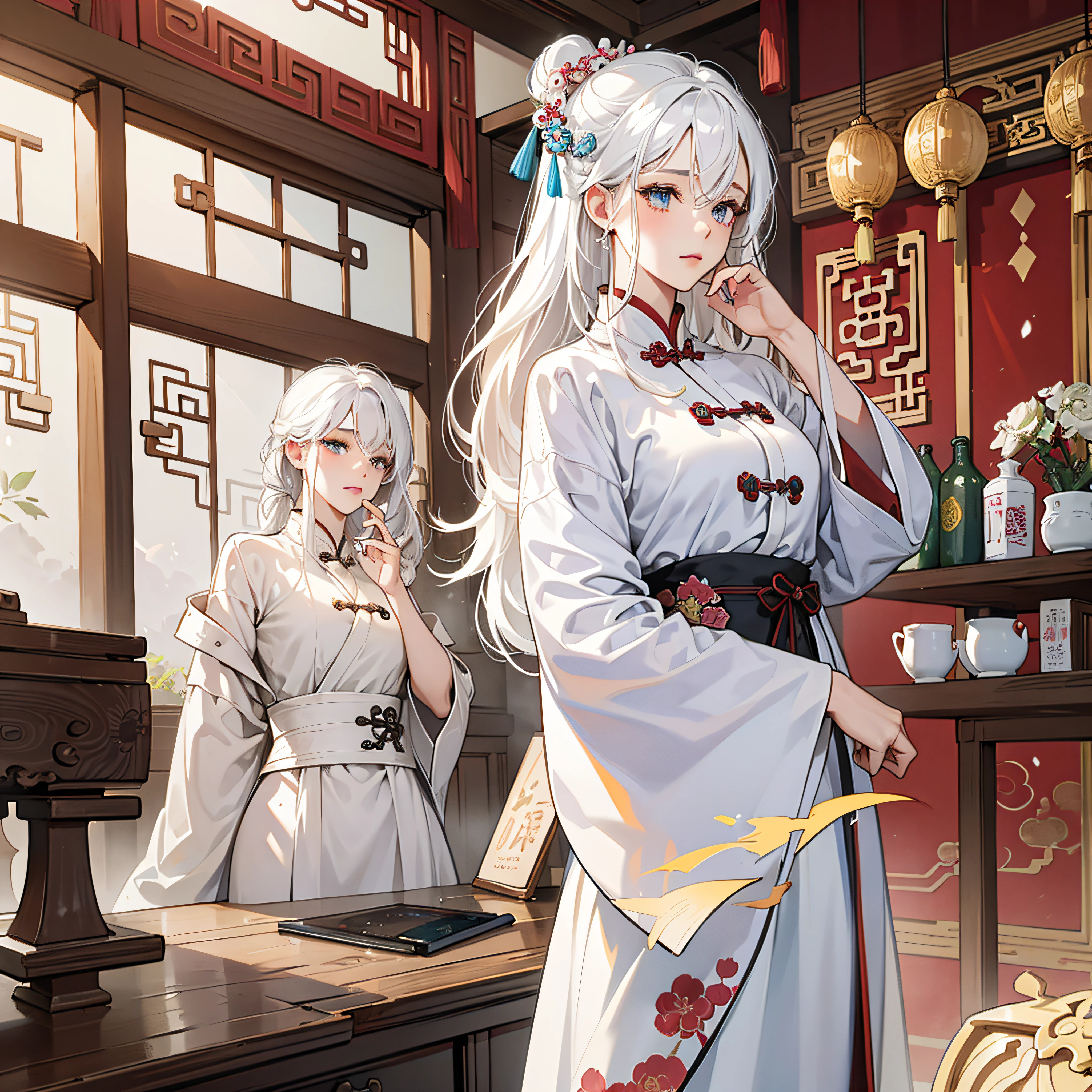 (masterpiece), (best quality), (ultra detailed),(disheveled hair),(illustration),twin, white hair,36d,chinese traditional clothes --auto