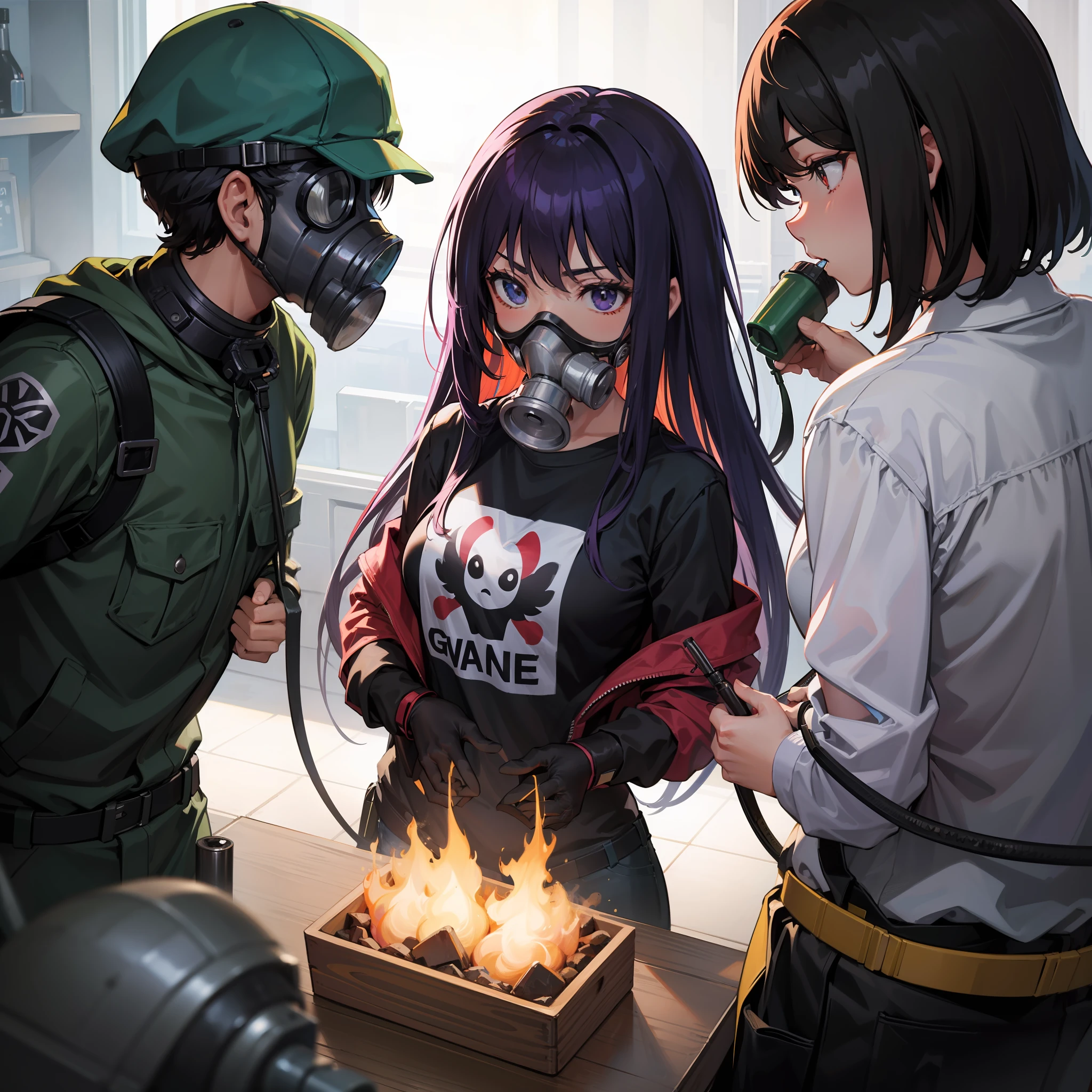 garota, wears gas mask only in the mouth, cabelo longo roxo, blusa.