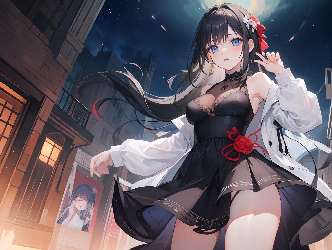 1girl,extremely delicate and beautiful girl, the beautiful and delicate girl, {{incredibly detailed}}, beautifuly color, refined rendering, cowboy_shot, from_below, focus on the girl, hand_on_hip, extremely detailed body, girl,woman,female, ,child,ars ollong hair, wavy hair, bangs, (Black Fit and flare dress), side braid, black hair, messy long hair, beautiful detailed cold face, xd, extremely detailed eyes, open_mouth, Delicate arms and hands, large_breasts, blue eyes, red_bow, Starry sky adorns hair, floating object, high_heels, lace flowing and melt, white_background, corrugated, God Light, bokeh, {{wallpaper 8k CG}}, {{extremely detailed 8K wallpaper}}, {{extremely detailed CG unity 8k wallpaper}},
