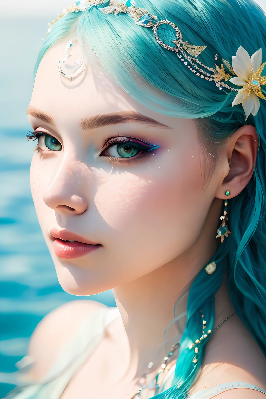 a portrait of mermaid, ethereal, mystical, elusive, alluring, detailed face, high details, photography, cool light, Nikon D850, 50mm, f/1.4