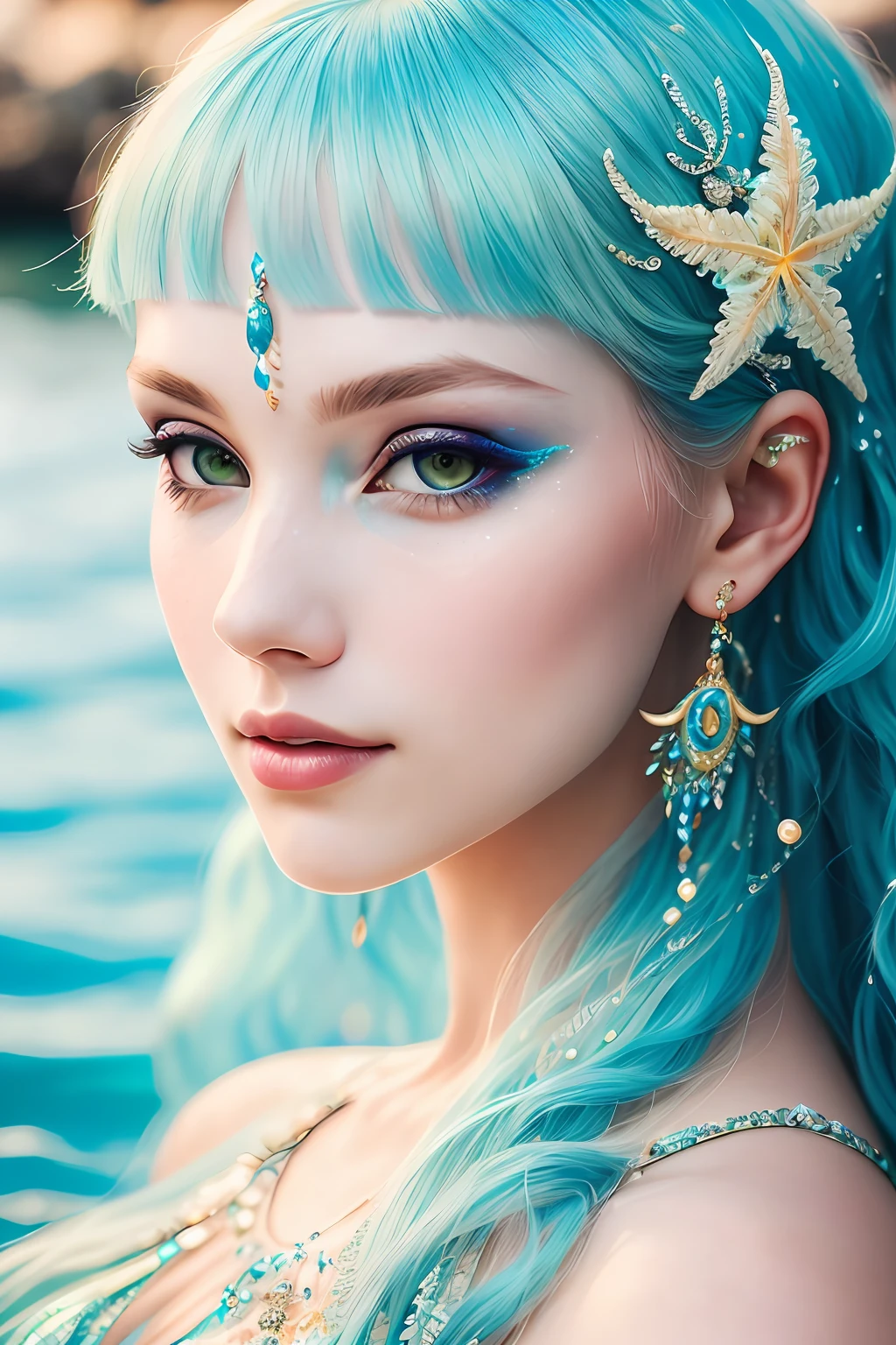a portrait of mermaid, ethereal, mystical, elusive, alluring, detailed face, high details, photography, cool light, Nikon D850, 50mm, f/1.4