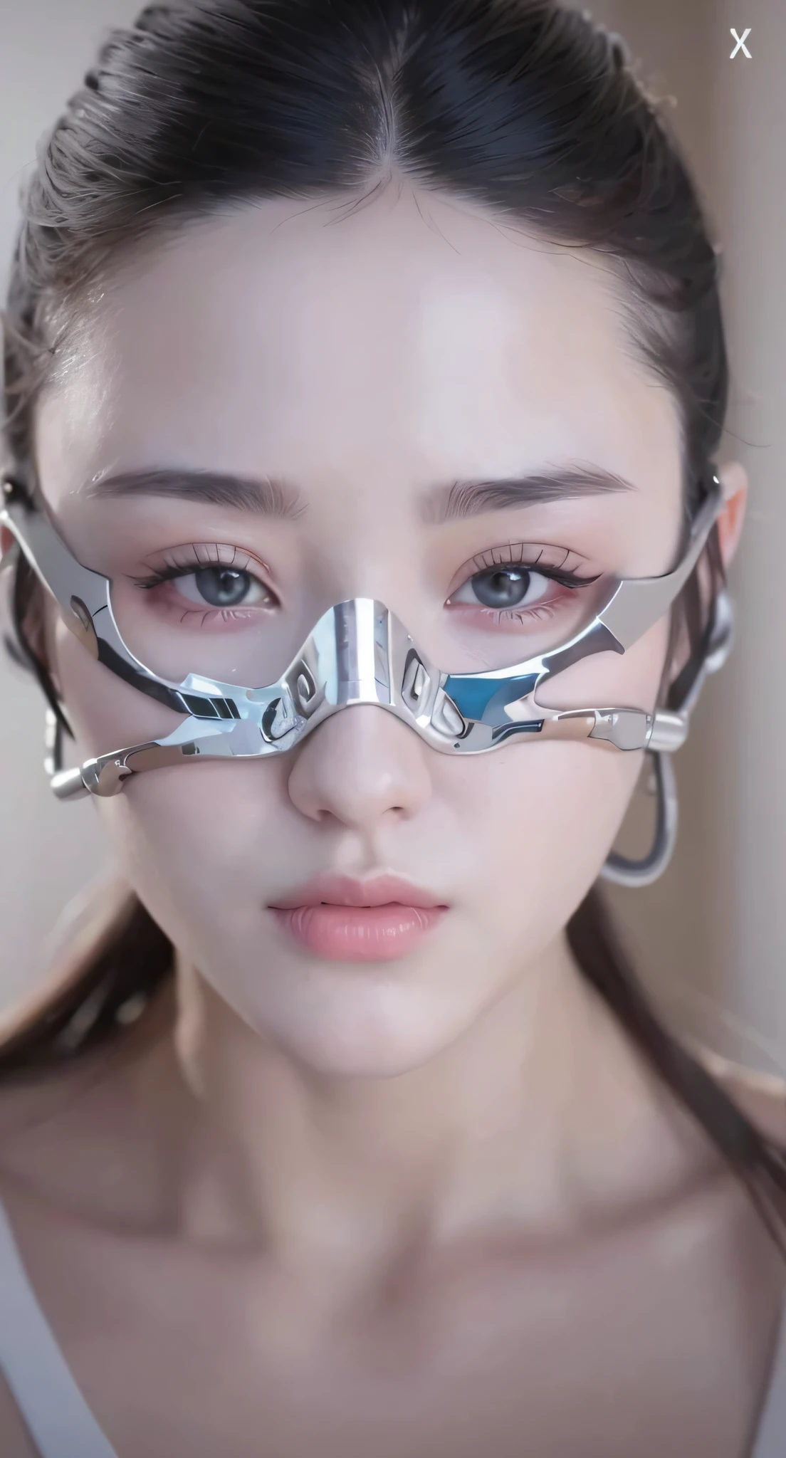 Close-up of a woman holding a metal nose bridge, movie still of a cool cyborg, porcelain cyborg, dilraba dilmurat, the robot wearing her human mask, cyberpunk eye wear, Inspired by Ai Xuan, iu lee ji-eun as a super villain, movie still of a cyborg, cybernetic machine female face, attractive sci - fi face