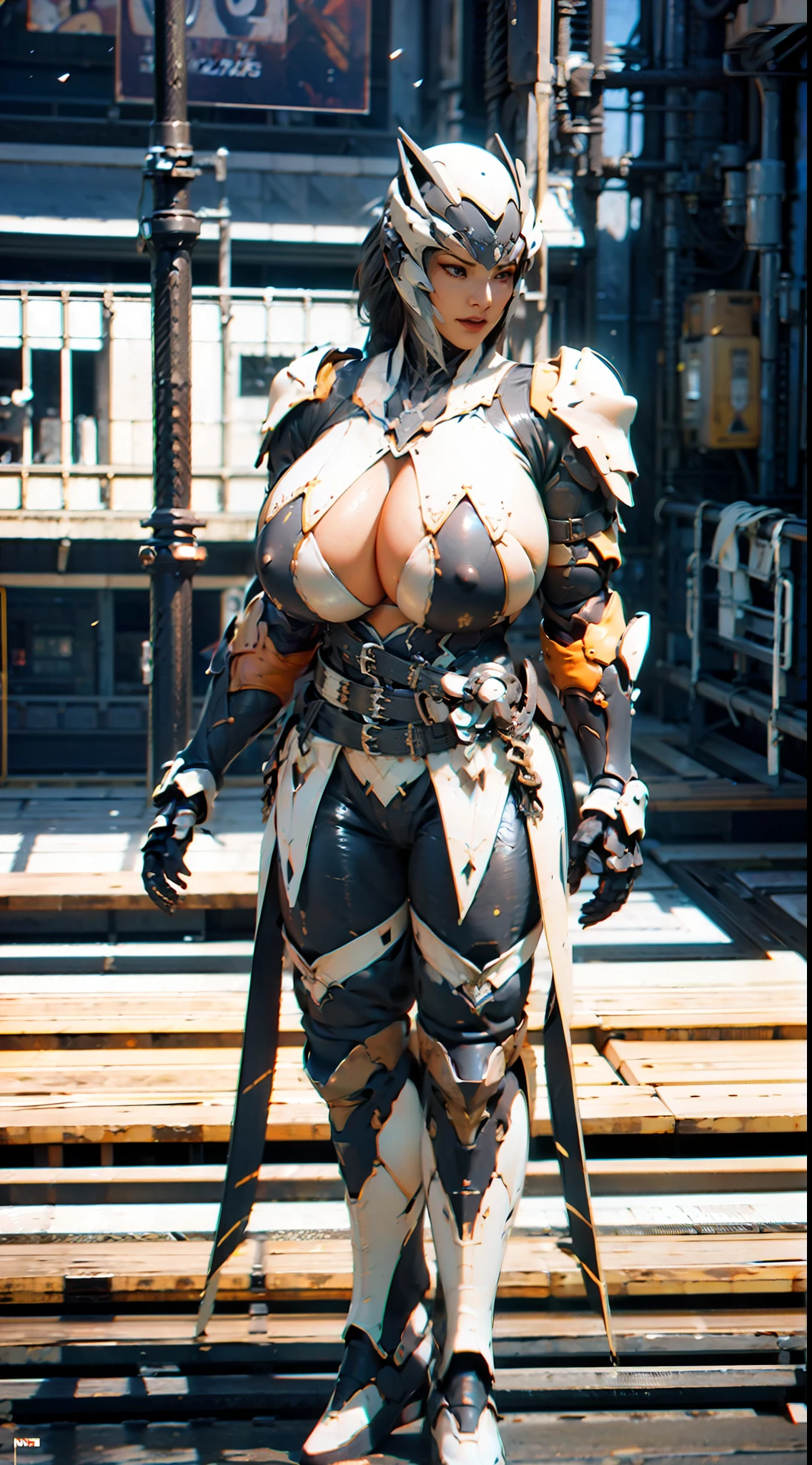((Unreal Engine 5)), Realistic Rendering, Excellent, Full armor, knight Cloak, helm, (Yoga hotpants), looking on camera, sexy posing walking down on street, beautiful face, makeup, CGImix, (photorealism:1.2), ultrarealistic uhd face, (huge fake boobs:1.4), (gigantic breasts:1.1), (muscle abs), (big butt), (wide hips), (thick thighs), slim waist, hourglass figure, half body, ((glowing skin)), ((shiny skin)), Realistic body, ((she is sexy body)), ((clean skin)), photorealistic, bokeh, motion blur, masterpiece, highres, 1080P, super detail, textured skin