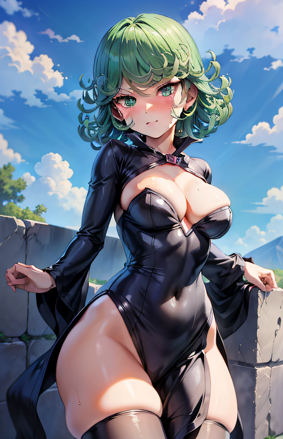 (masterpiece, best quality:1.2), cowboy shot, solo, , 1girl, tatsumaki, lustful, closed mouth, blush, cleavage, looking at the viewer, ass, wide hips, black tight dress, blue sky, clouds, erotica,