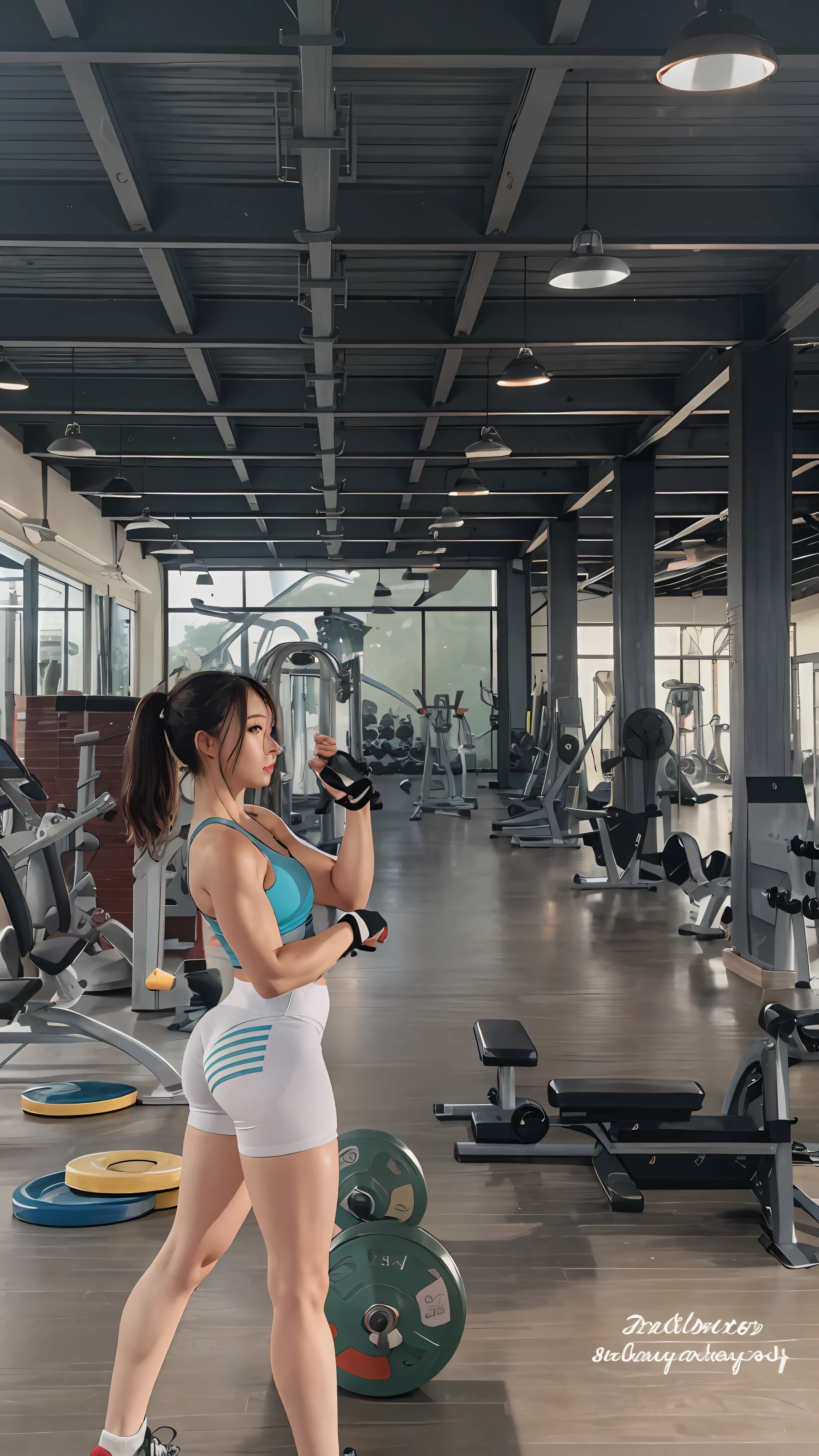 Girl after workout, gym background, sweat over whole body, hourglass body, wearingshort legging