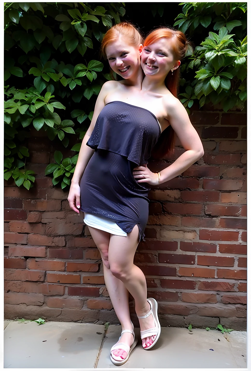 2heads, two headed girl, (one torso:1.5), pale skin, (redhead:1.4), (teenager:1.4), white girls, (two heads on one body:1.4), conjoined twins, heads side by side, one torso, young, uncomfortable, barefoot